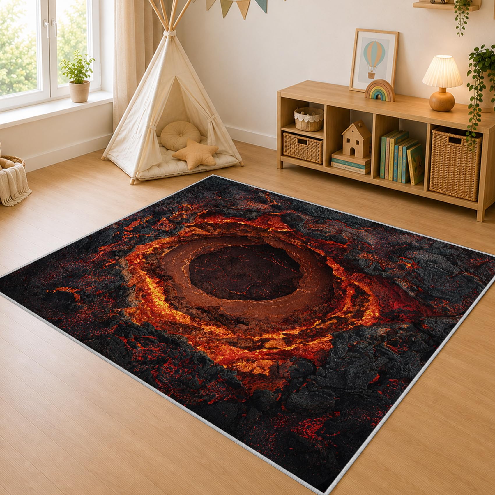 Tapis de Salon 90x150 Illusion d'optique 3D Tapis Chambre Lave Volcan