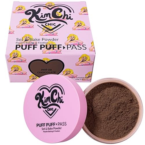 KimChi Chic Beauty Puff Pass - Polvo fijador y sellador con la técnica baking, polvo suelto con borla extraesponjosa, maquillaje facial marrón suave
