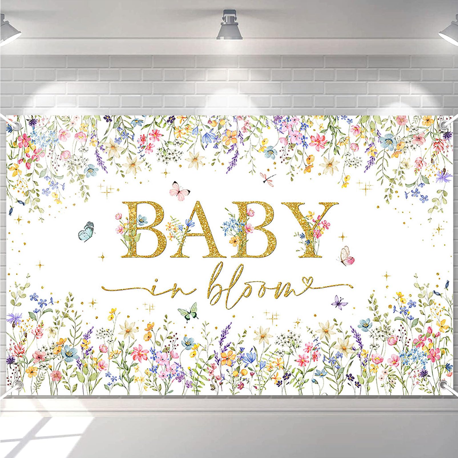 Avezano Baby in Bloom Backdrop Wildflower Baby Shower Party Decorations Watercolor Floral Baby in Bloom Banner Gold Glitter Butterfly Photography Background Cake Table Banner 70.8 x 43.3 Inch