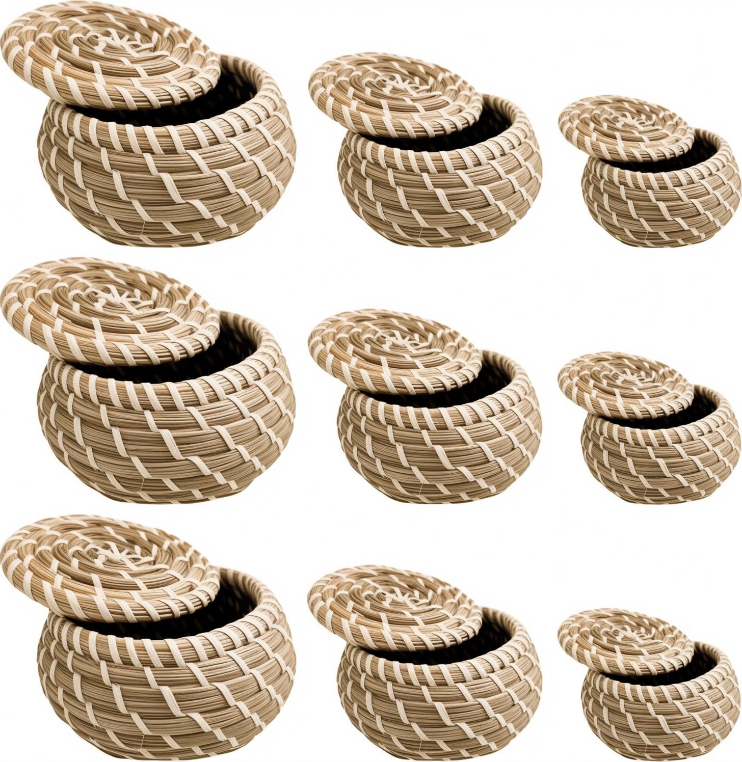 Set di 9 cestini rotondi in vimini intrecciato con coperchio, piccoli cestini in rattan fatti a mano per ufficio, camera da letto, soggiorno