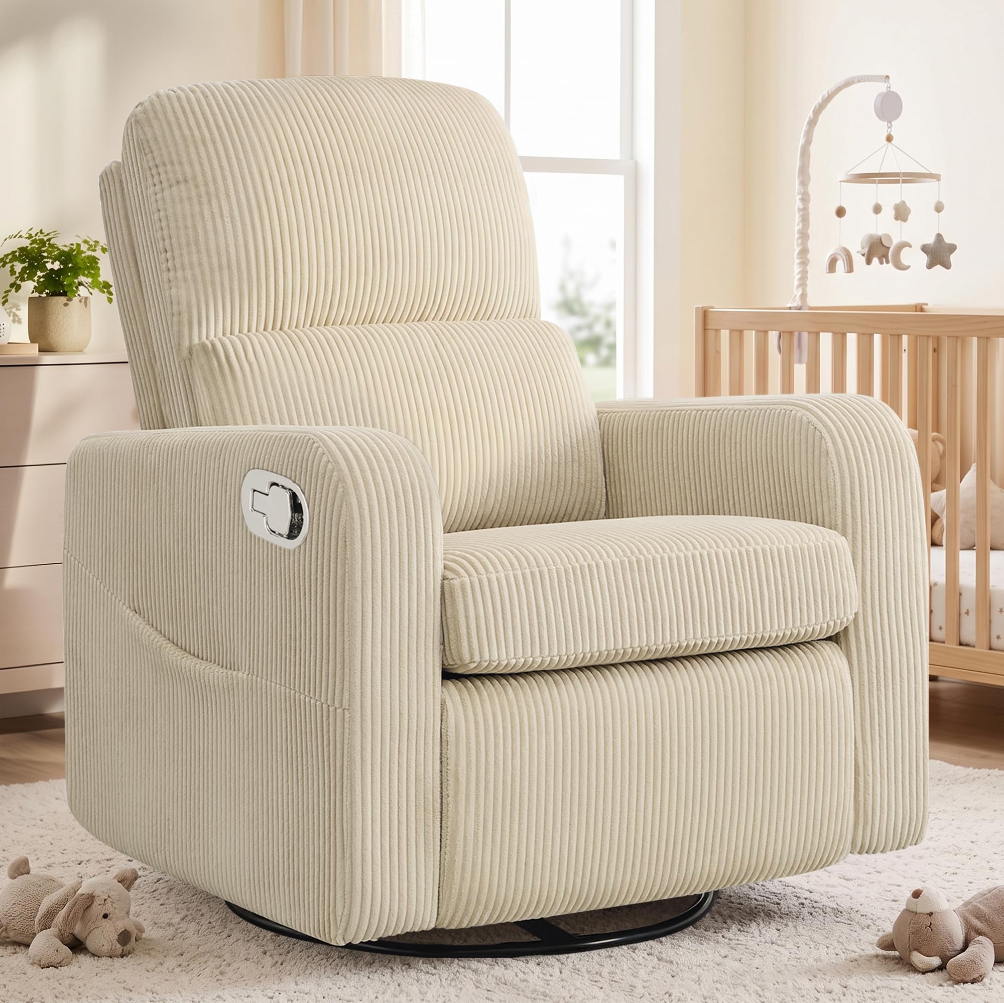 Swivel Rocker Recliner, Oversized Manual Nursery Glider Rocking Recliner Chair with Removable Cushion, Upholstered Corduroy Swivel Reclining Chair for Nursery Living Room Bedroom, Camel
