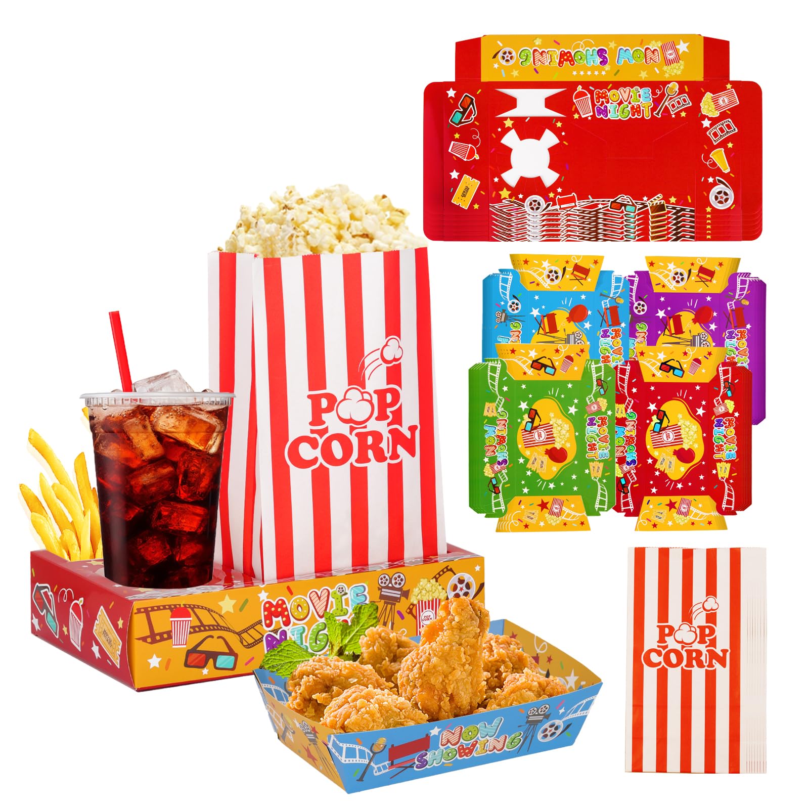 HAPYPATY Movie Night Snack Tray with Popcorn Bags and Food Trays, Movie Night Supplies Kit, Outdoor Movie Night Box for Movie Theater Family Birthday Party - 61Pcs/Pack