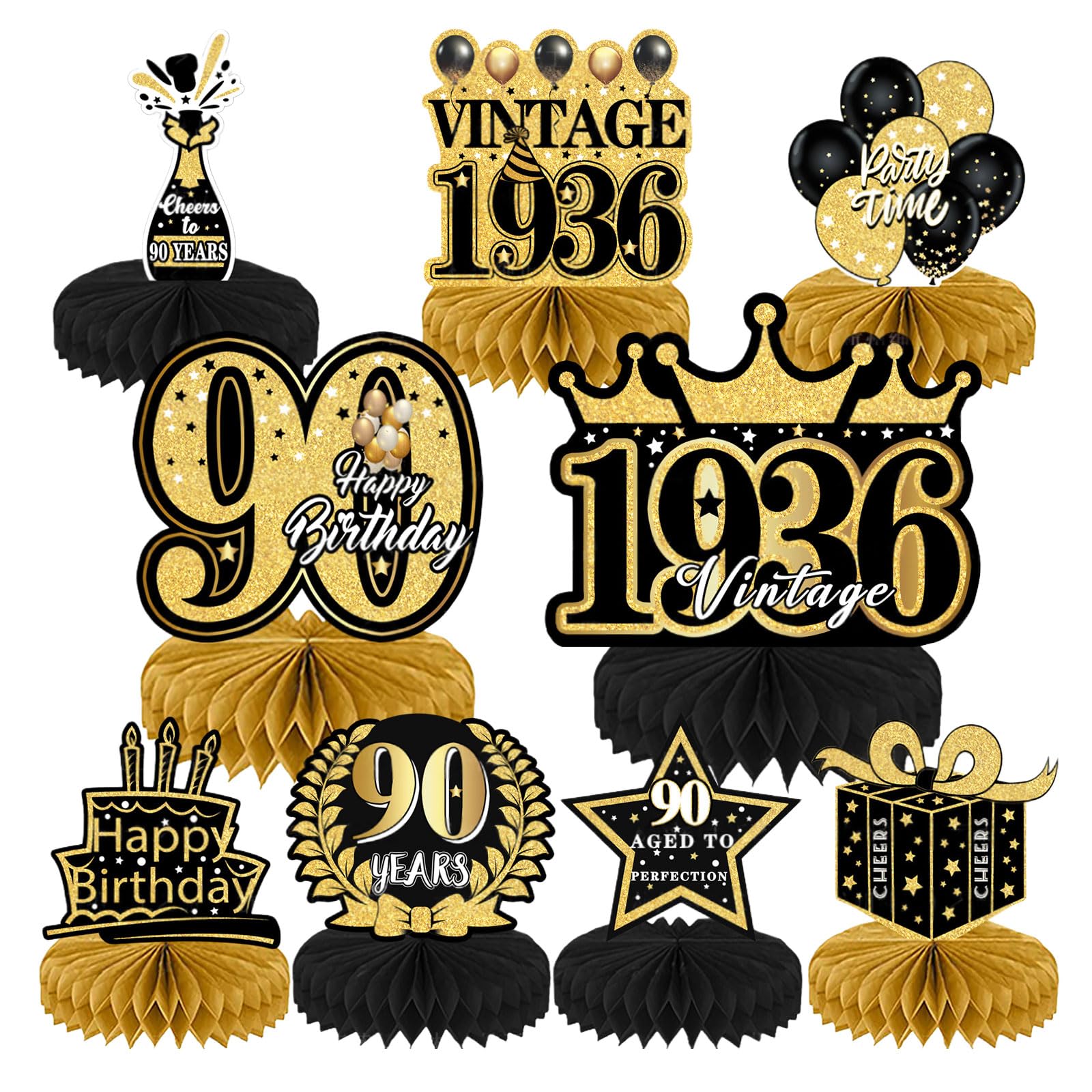 Bubaxuce 9 Pieces 90th Birthday Decorations 90th Party Table Decor Vintage 1936 Honeycomb Table Accents Back To 1936 Celebration Accessories For Men And Women 90