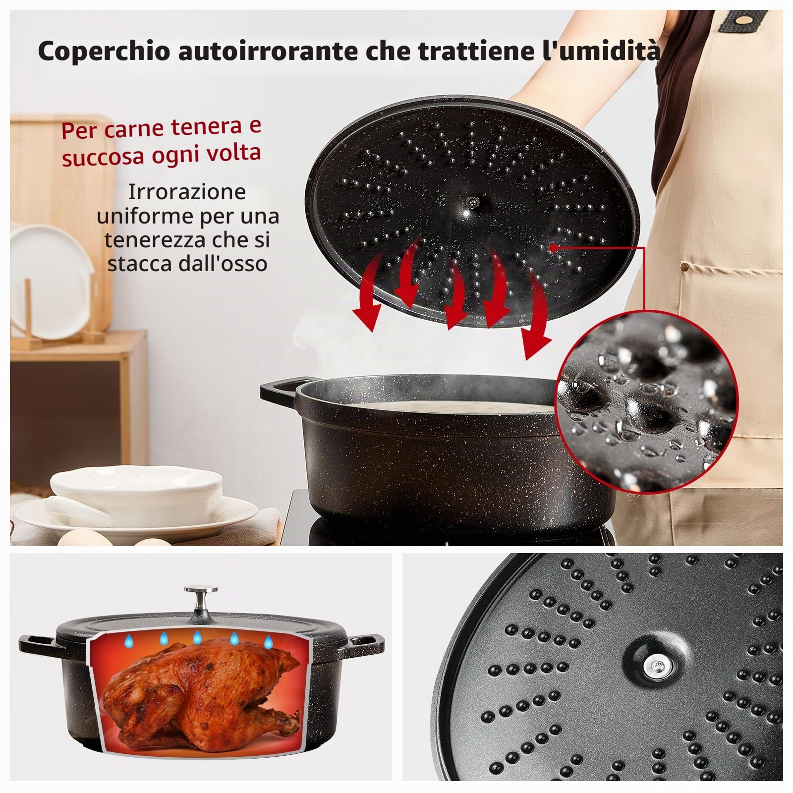 Casseruola ovale in ghisa a induzione Pentola 6,3 L 31 cm di alluminio, rivestimento antiaderente effetto pietra, nero