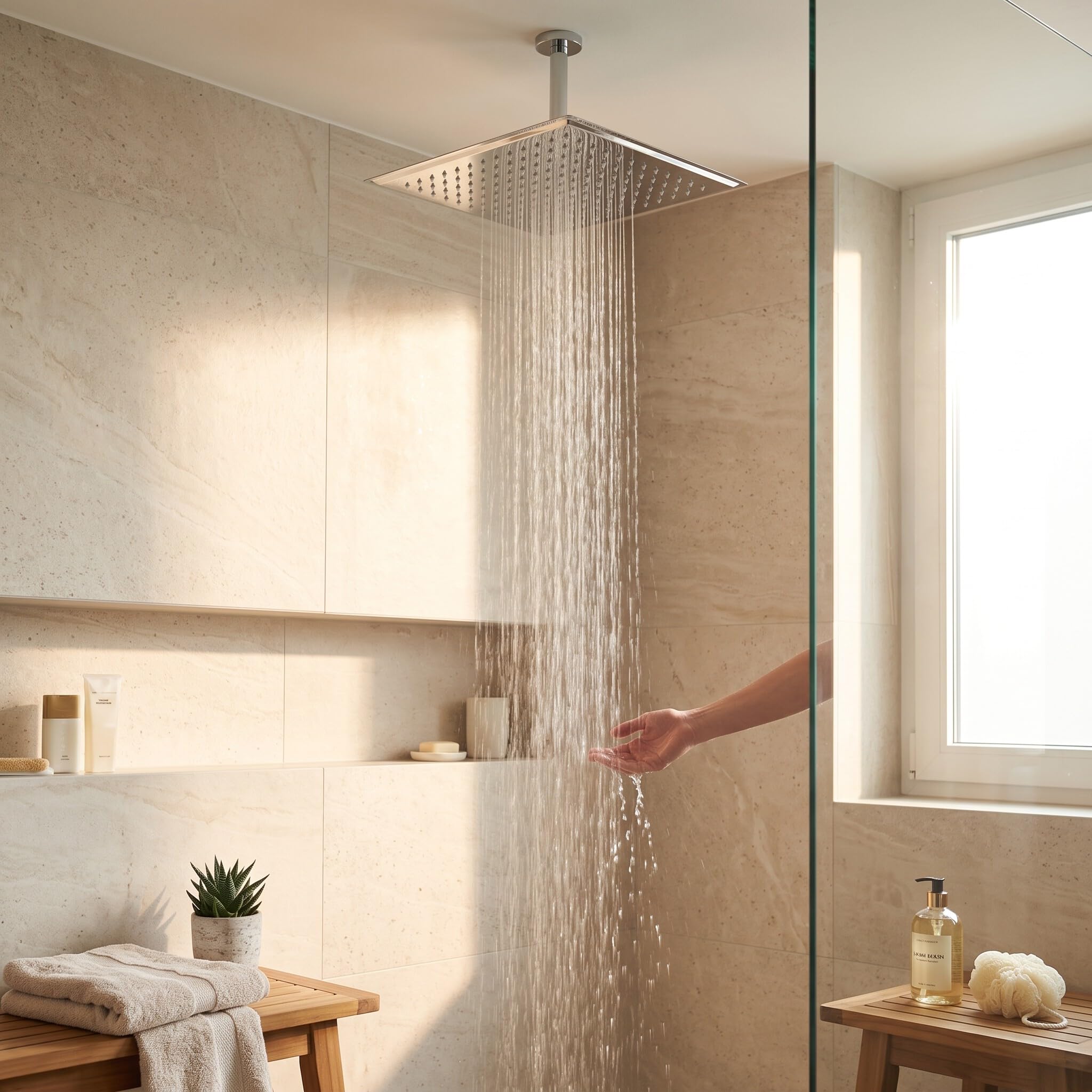 50 x 50 cm Soffione Doccia a Pioggia in Acciaio Inossidabile, Soffione Rettangolo Ultrasottile da 16 Pollici, Soffione doccia a Incasso Tondo ad Alta Pressione e Risparmio Idrico per Bagno, Argento