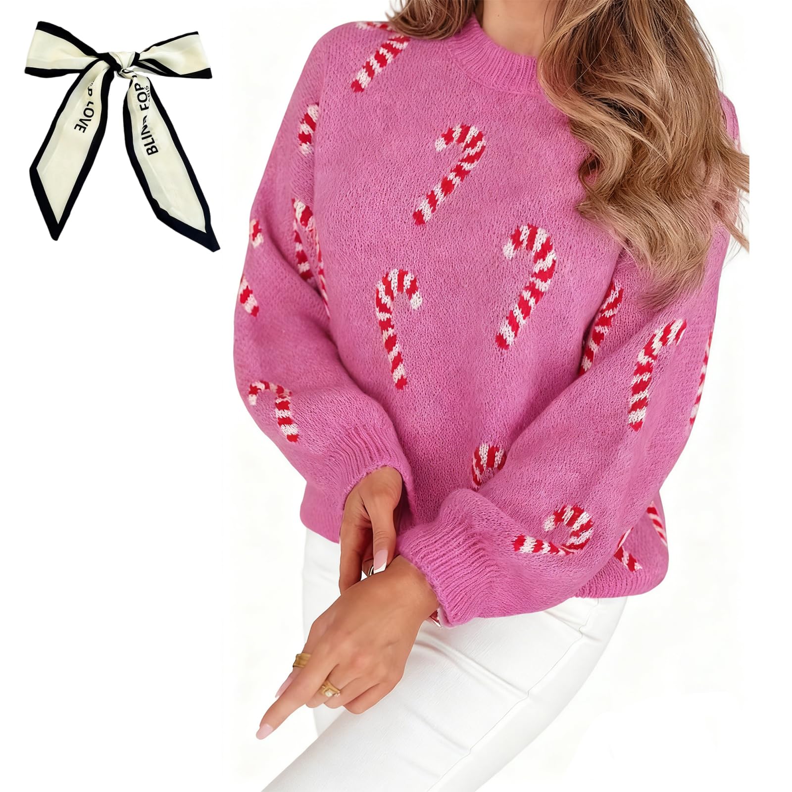Womens Christmas Candy Cane Holiday Drop Shoulder Sweater Candy Cane Sweater for Women Soft Skin-Friendly Crew Neck