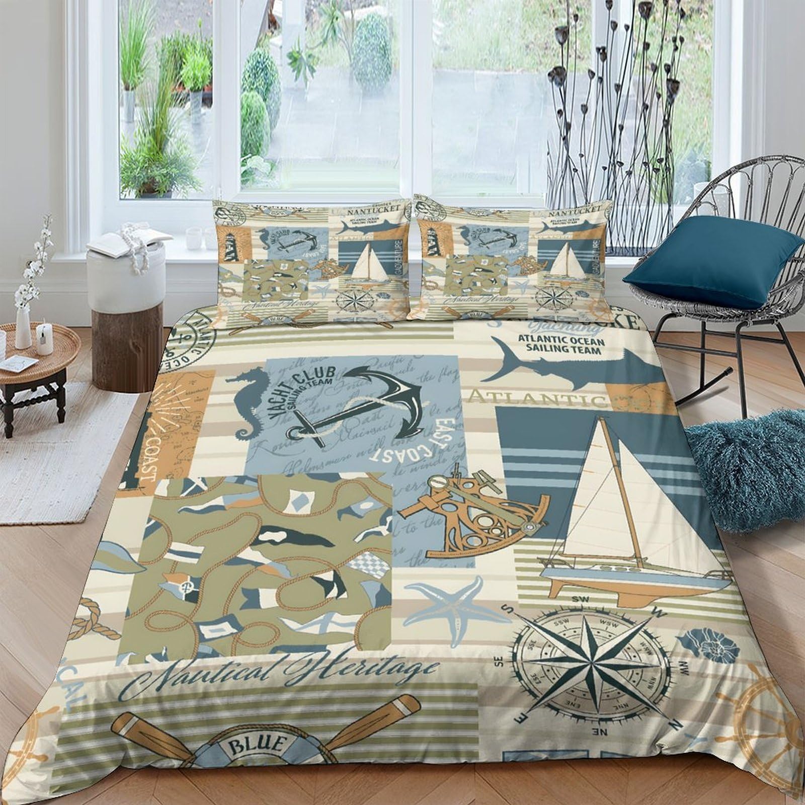Ctjqhvkz Style-10 3D Printed Nautical Sailboat Fitted Sheet Microfiber Soft Beige Blue Compass Mattress Cover For Bedroom Guest Room Decor Single（135X200cm）