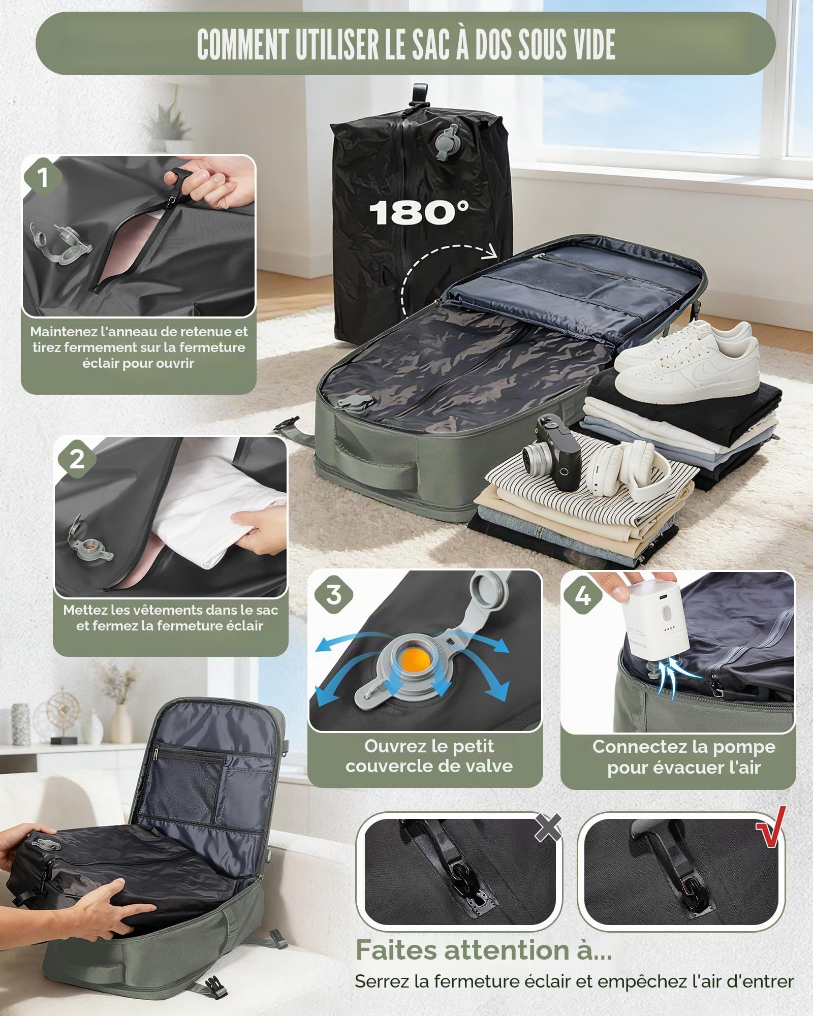 HPLQQ Sac à dos sous vide de voyage 40x30x20 avec pompe pour Ryanair,Cabine Avion Bagage cabine à main avec compression pour homme et femme,Sac airbag avec pompe,H03-Vert