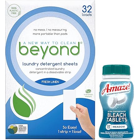 Cleanfinity Brands - Beyond Amazing Bundle. One pack of Beyond Concentrated Laundry Sheets (32 loads) and One bottle of Concentrated Bleach Tablets. (32 tabs)-Meadow