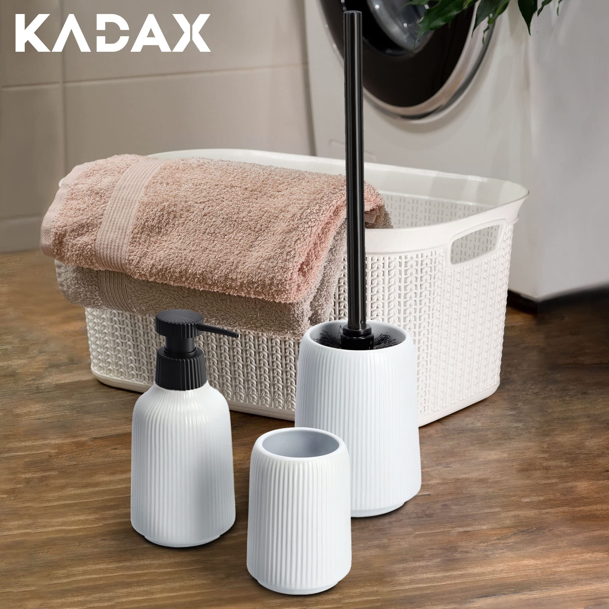 KADAX Scopino per WC con supporto, spazzola autoportante in ceramica, scopino per WC con manico in metallo resistente, scopino per WC con setole rigide (bianco, 2 pezzi