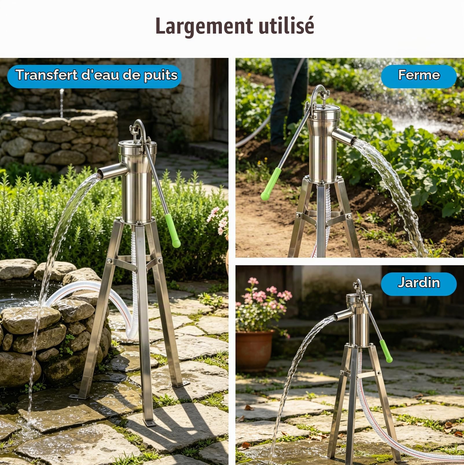 Pompe à eau manuelle pour puits avec tuyau 10m et support 58cm Pompe | jardin en acier inoxydable Kit complet pour eau de puits eau de pluie jardin ferme extérieur