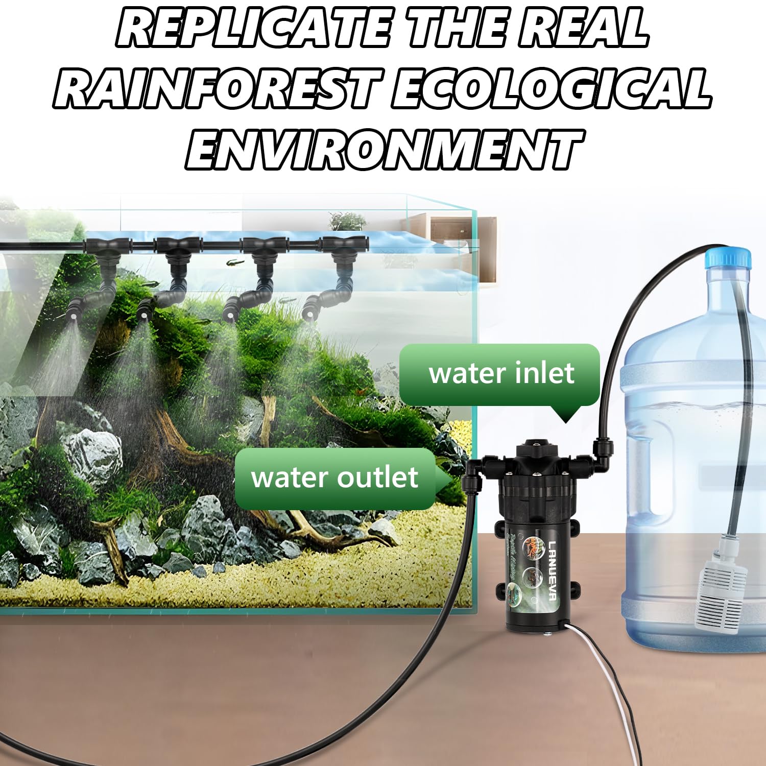 LANUEVA Humidificador de reptiles, nebulizador Mister más silencioso para terrario con 4 boquillas de niebla individuales + 2 boquillas de niebla doble, sistema de pulverización automático para