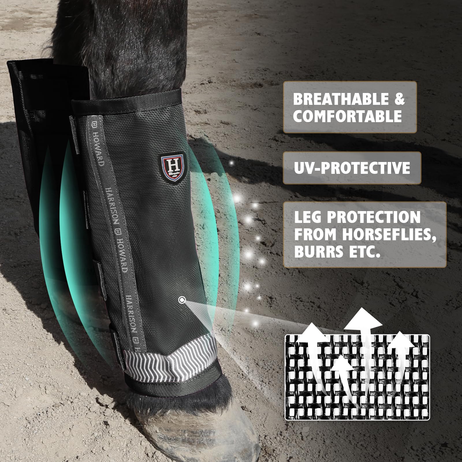 Harrison Howard Lot de 4 guêtres anti-mouches amples avec protection UV, respirantes, durables en maille fine, confortables avec bandes réfléchissantes pour plus de sécurité - Noir - Taille L