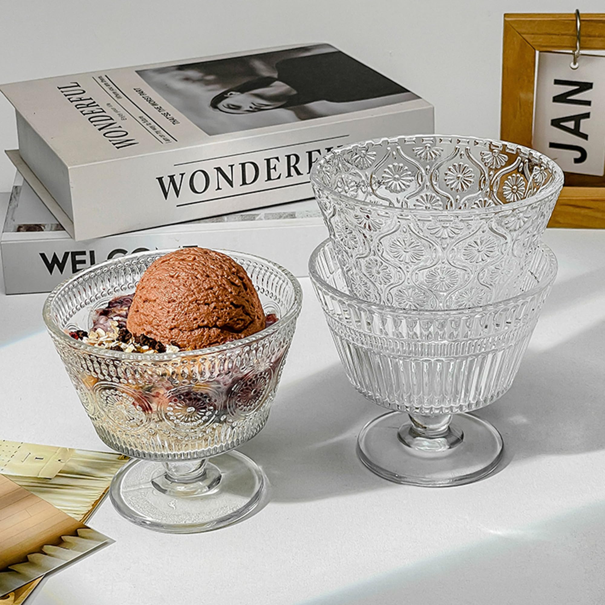 Set di 4 Coppe Da Gelato In Vetro Trasparente, Coppette Riutilizzabili Per Macedonia, 260ml, 100% Senza Piombo, Bicchieri Da Dessert Con Piedi, Per La Casa, Il Ristorante, Feste (Stile 2)