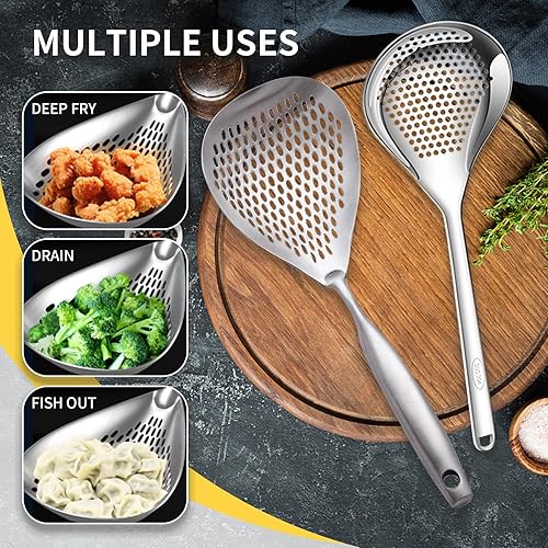 Miniatura 7 de 2 cucharas ranuradas de acero inoxidable, colador de araña de pasta con mango para freír cocinar, cuchara coladora de metal para freidora, cucharón