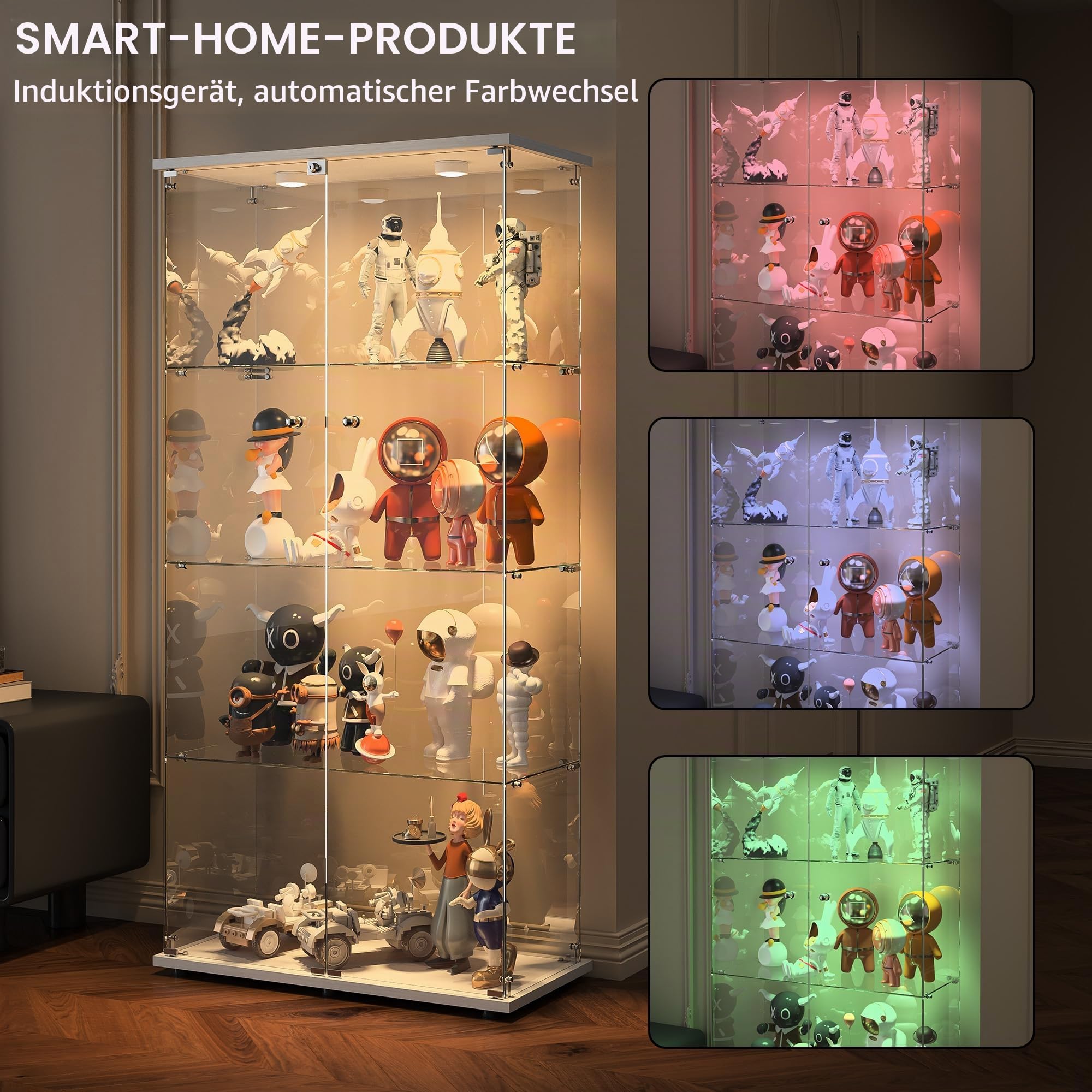 DADEA Glasvitrine 4 Etagen mit 2 Türen, Glassvitrinenschrank mit Spiegel, Glasvitrine Stehend mit Licht und Schloss Vitrinenschrank Spiegel Curio Schrank Glas Vitrine mit LED Glasvitrinen Schrank