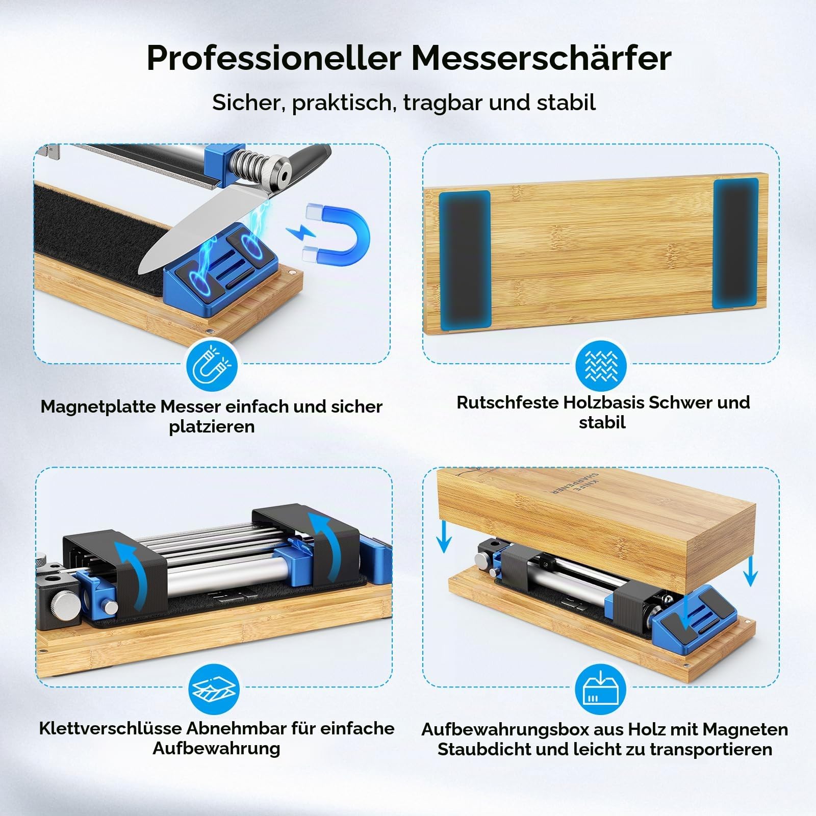 Manuelles Messerschärfer-Set mit Winkelführung – Professionelles Set mit 4 Schleifsteinen für alle Küchen- und Outdoormesser, Rutschfester Holzsockel (SJ5424M)