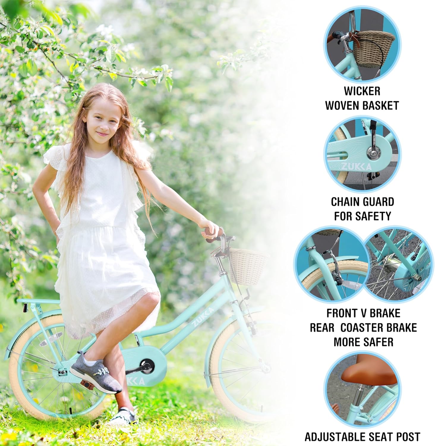 20"/24" Inch Girls Cruiser Bike 1-Speed Hybrid City Bicycle for Youth 7-10+ Years Old with Wicker Basket & Rear Rack，Kids Cycle Bikes，Hand&Pedal Brake，Steel Frame，Multiple Colors