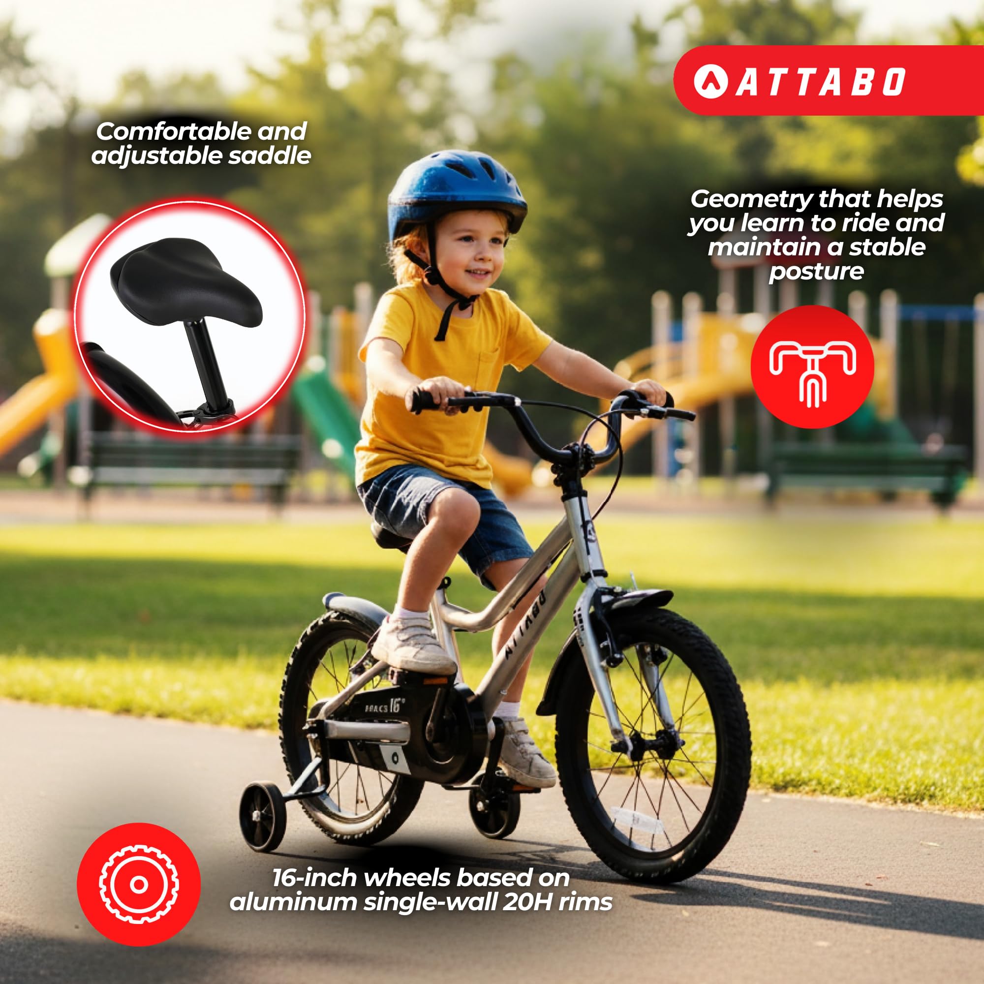 ATTABO Knack 16 - Bicicletta per bambini (5-7 anni) con telaio in alluminio leggero (9 kg), ruote da 16", per 110-120 cm, manubrio ergonomico, stabile e leggero, ideale per l'apprendimento in