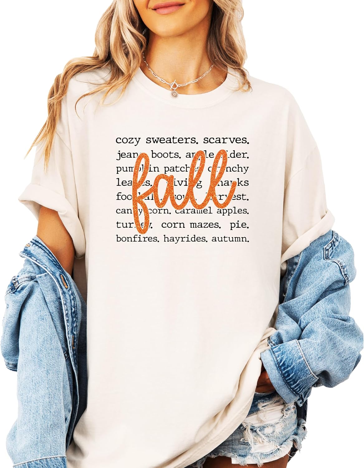 Fall Words Shirt for Women and Teens Cozy Autumn Things Oversized Tee