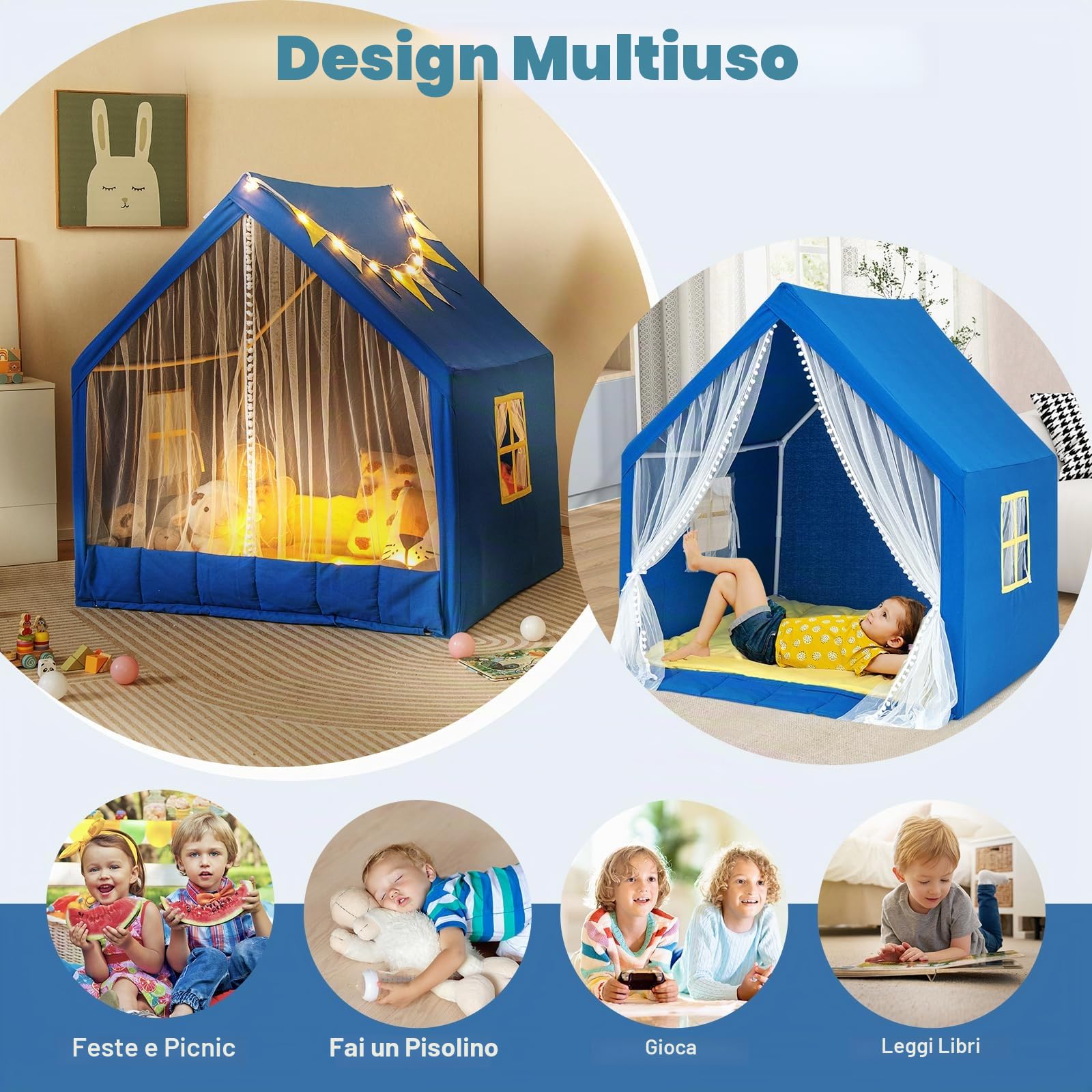 HOMASIS Tenda per Bambini da Interno, Tenda Gioco con Luci a Forma di Stella e Tappeto in Cotone, Tenda Cameretta con Tasca Laterale, Casa per Giochi per 2 Bambini, 122 × 105 × 125 cm (Blu)