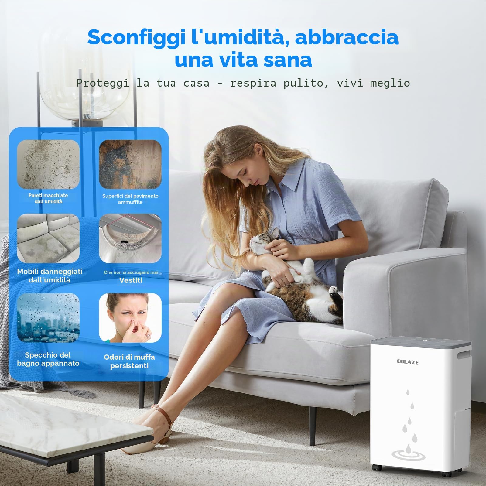 COLAZE Deumidificatore Casa Muffa 20L/24h, Adatto fino a 50㎡, Deumidificatore a Compressore Portatile Silenzioso, Timer 24 ore, Ideale per umidità e condensa