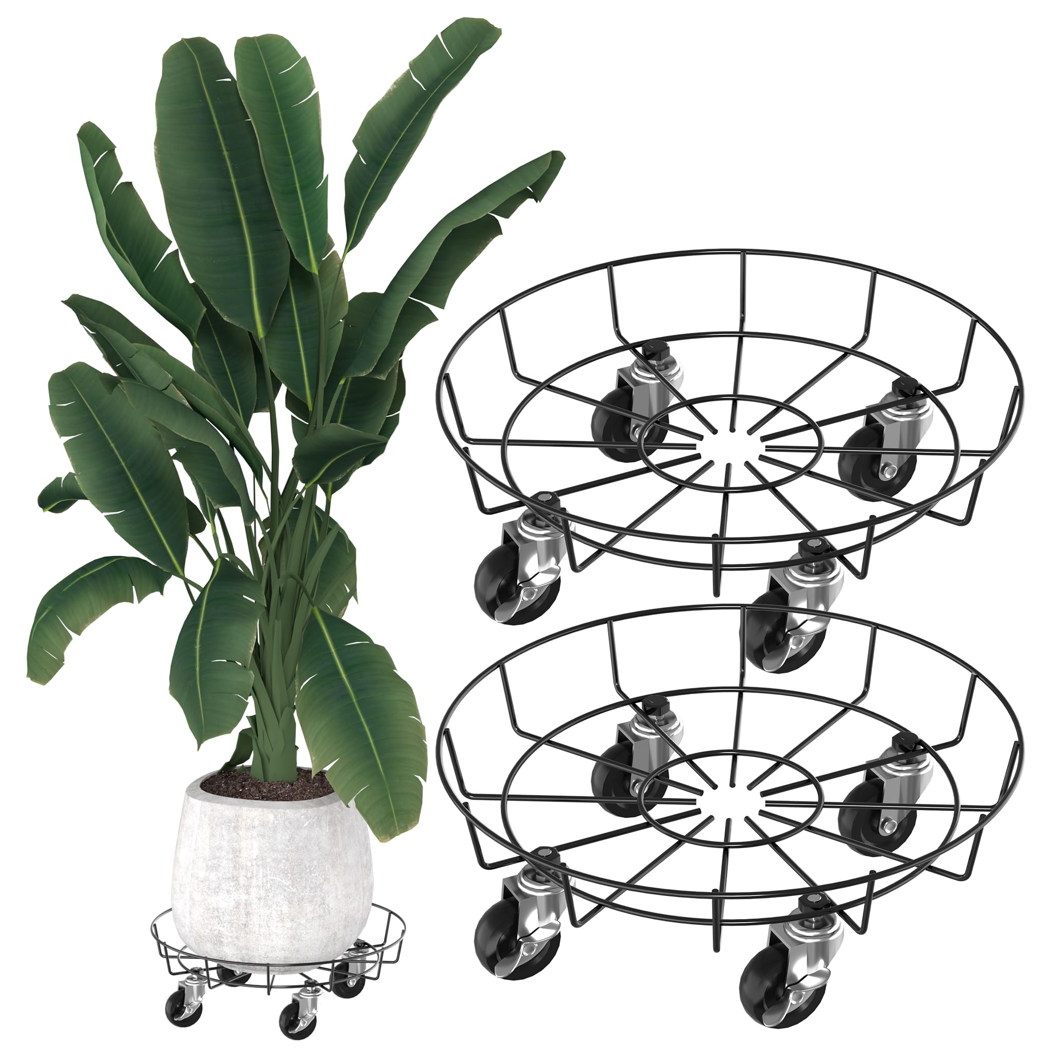 YRHome 2 Stück Pflanzenroller Metall Blumenroller Schwarz für Außenbereich & Innenbereich Blumentopf Untersetzer mit Rollen Pflanzen Caddy mit Rädern Pflanze Roller Basis - Rund Ø33cm - Bis 150KG
