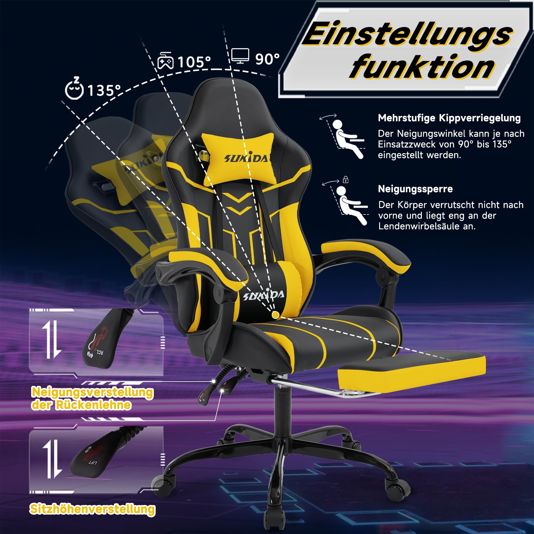 SUKIDA Gaming Stuhl Computerstuhl Ergonomischer Gaming Chair mit Fußstütze Bürostuhl Ergonomischer Computerstuhl mit Lendenwirbelstütze,BlackYellow