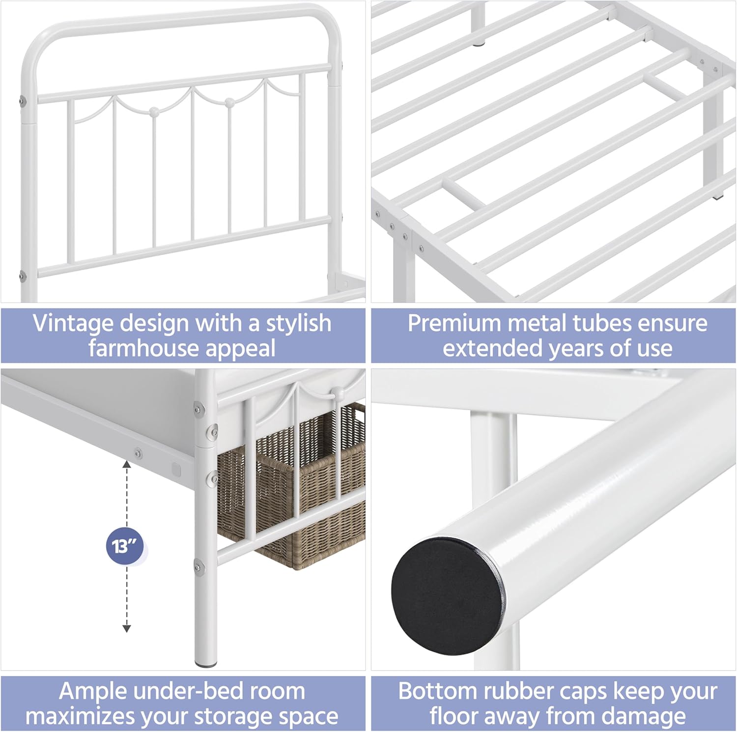 Yaheetech Twin Size Metal Bed Frames with Vintage Headboard and Footboard, Farmhouse Metal Platform Bed, Heavy Duty Steel Slat Support, Ample Under-Bed Storage, No Box Spring Needed, White - Image 4