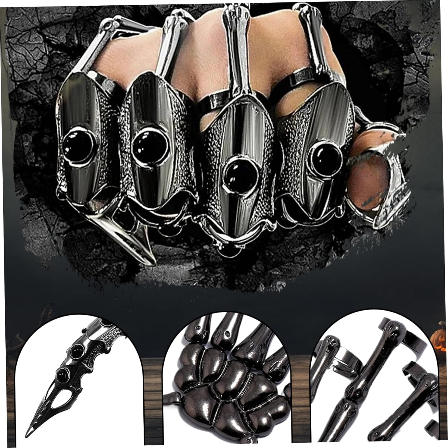Skeleton Hand Bracelet with 5Pcs Full Finger Rings Punk Gothic Jewelry with Movable Joint Plated Alloy Halloween Jewelry for Cosplay, Party, Costume, Black #