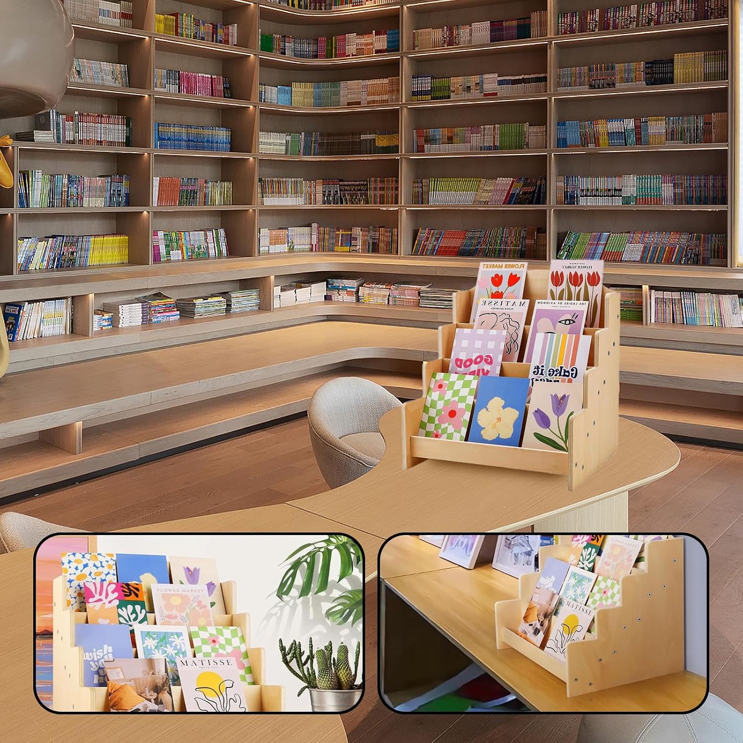 4-Tier Wooden Greeting Card Display Stand, Sticker Card Display Stand & Postcard Holder,Greeting Card Organizer,Retail Counter Rack for Brochures, Photos, &Stationery