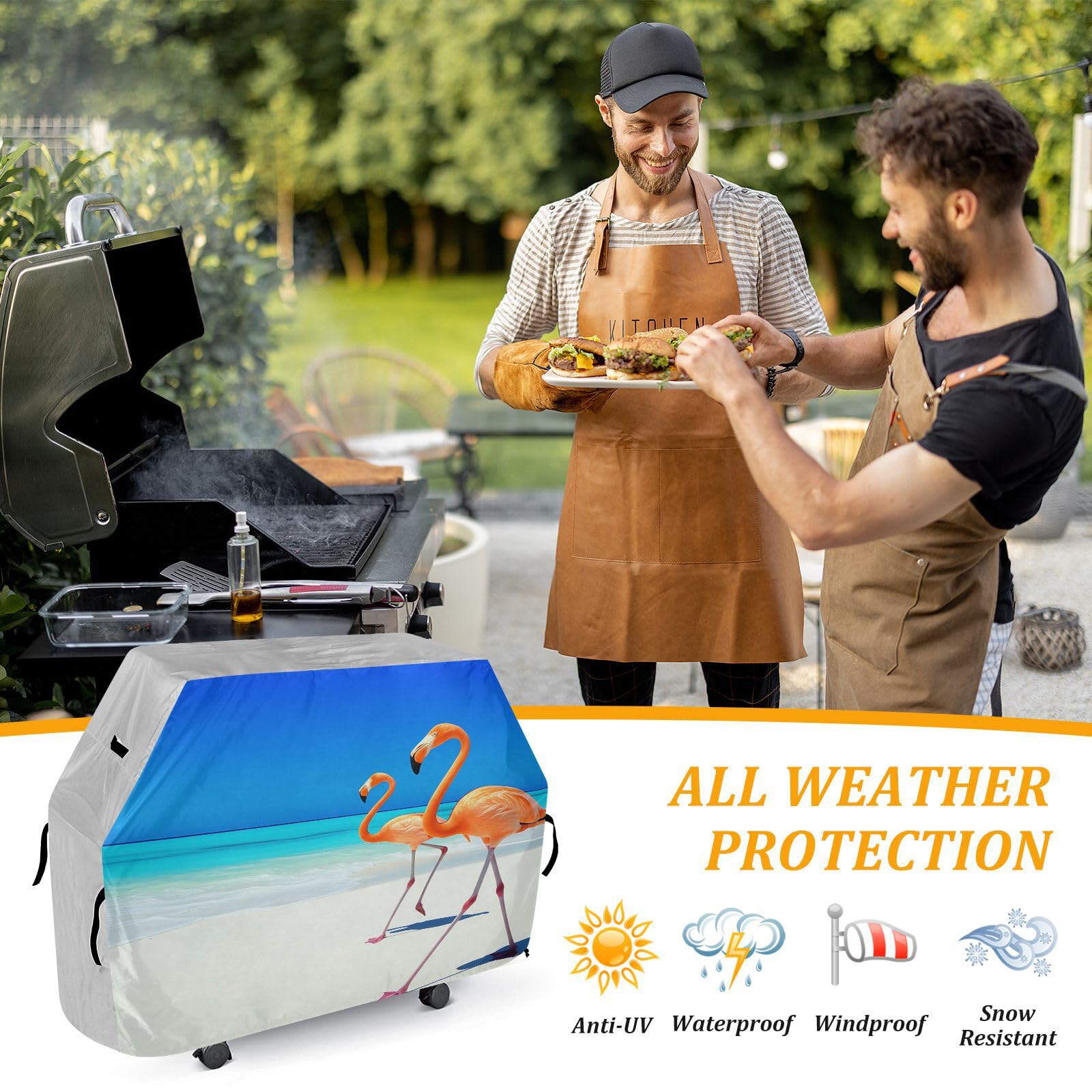 Bella e misteriosa copertura per barbecue a forma di fenicottero, adatta per Weber, Brinkmann, Char-Broil, resistente, resistente ai raggi UV e impermeabile, antistrappo (165 x 63,5 x 114 cm)