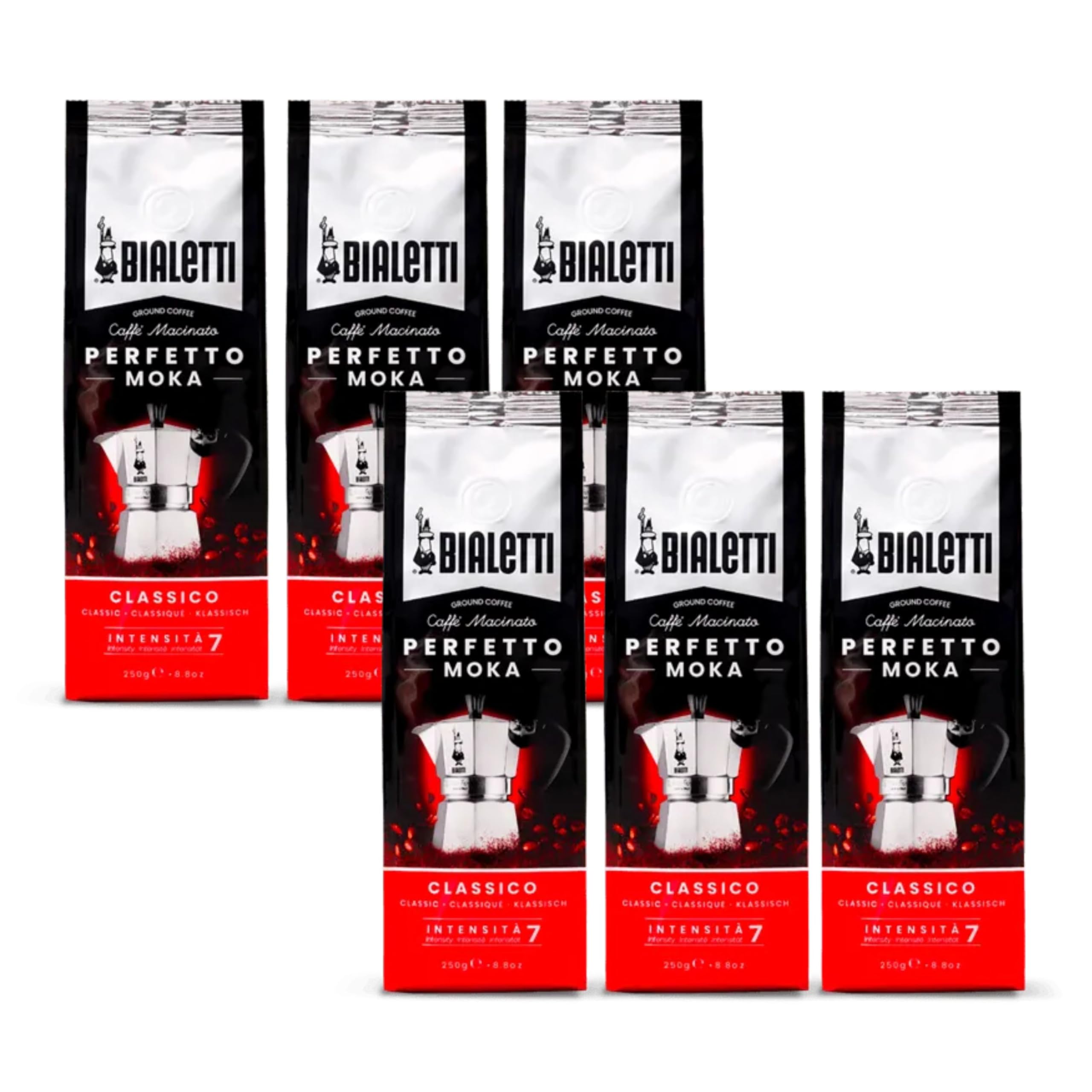 Bialetti - Perfetto Moka Classico: Gemahlener Kaffee mit mittlerer Röstung, Aroma von Haselnüssen und Getrockneten Früchten, 250g x 6, Beutel mit Aromaventil