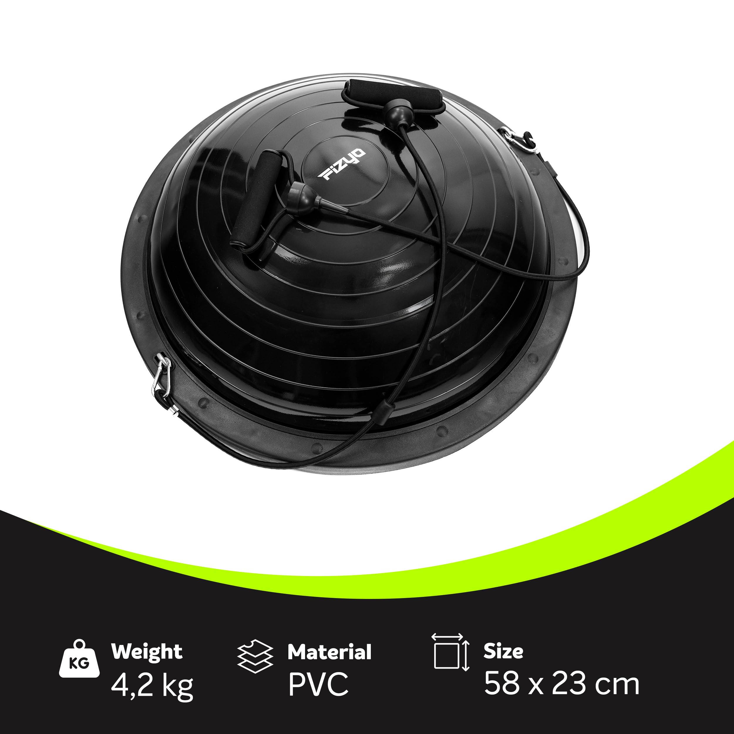 FIZYO Balance Trainer Demi-Boule Ø 58 cm, Ballon d'Équilibre Antidérapant avec Bandes de Résistance & Pompe pour Entraînement Core, Yoga, Pilates, Fitness, Physiothérapie & Rééducation, Noir