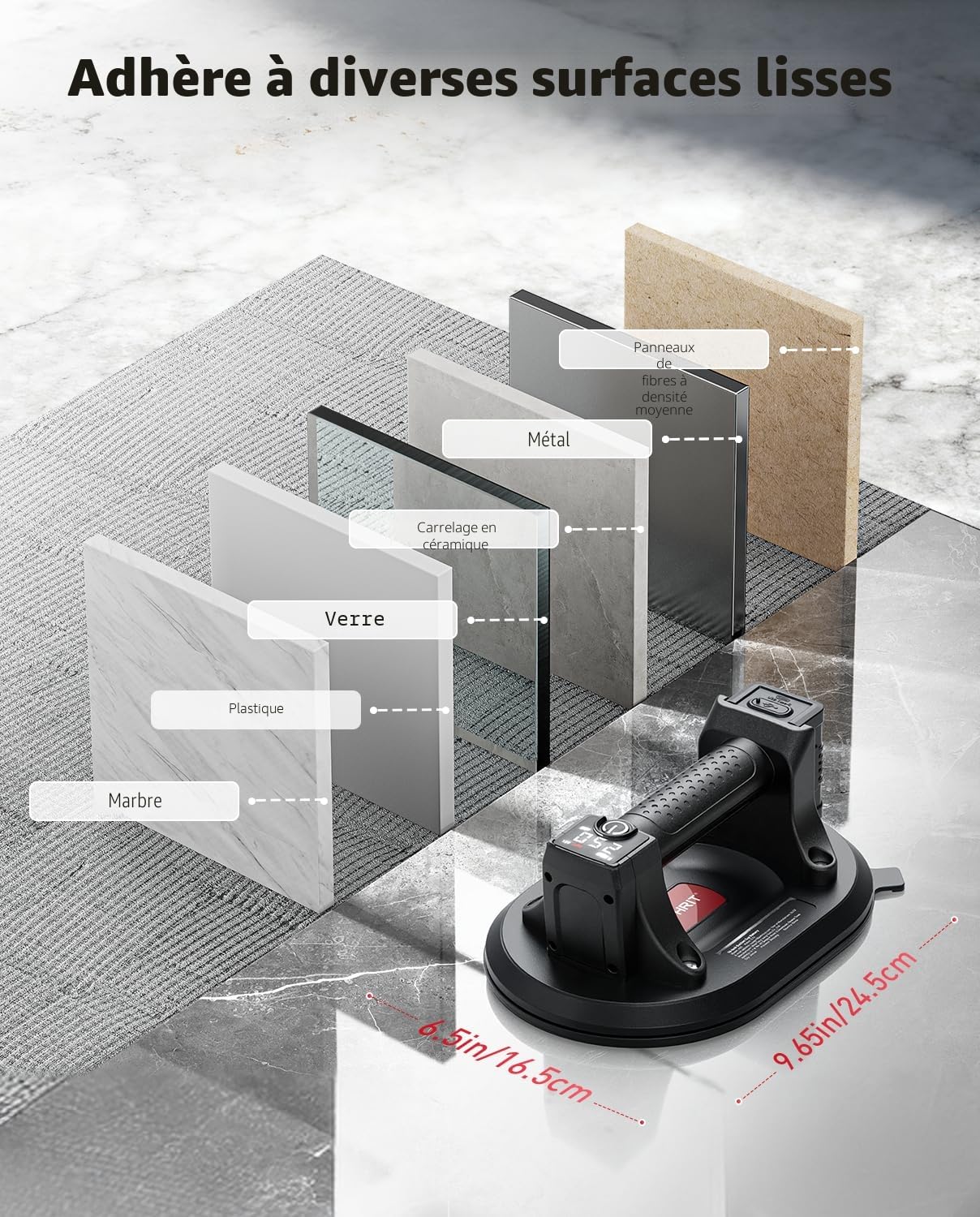 Ventouse Carrelage Electrique, 2x Ventouse Vitre Ø245 mm avec 4x Batteries 3000mAh, Charge Max 250KG, Écran LCD, Outil de Levage pour Verre, Pierre & Métal