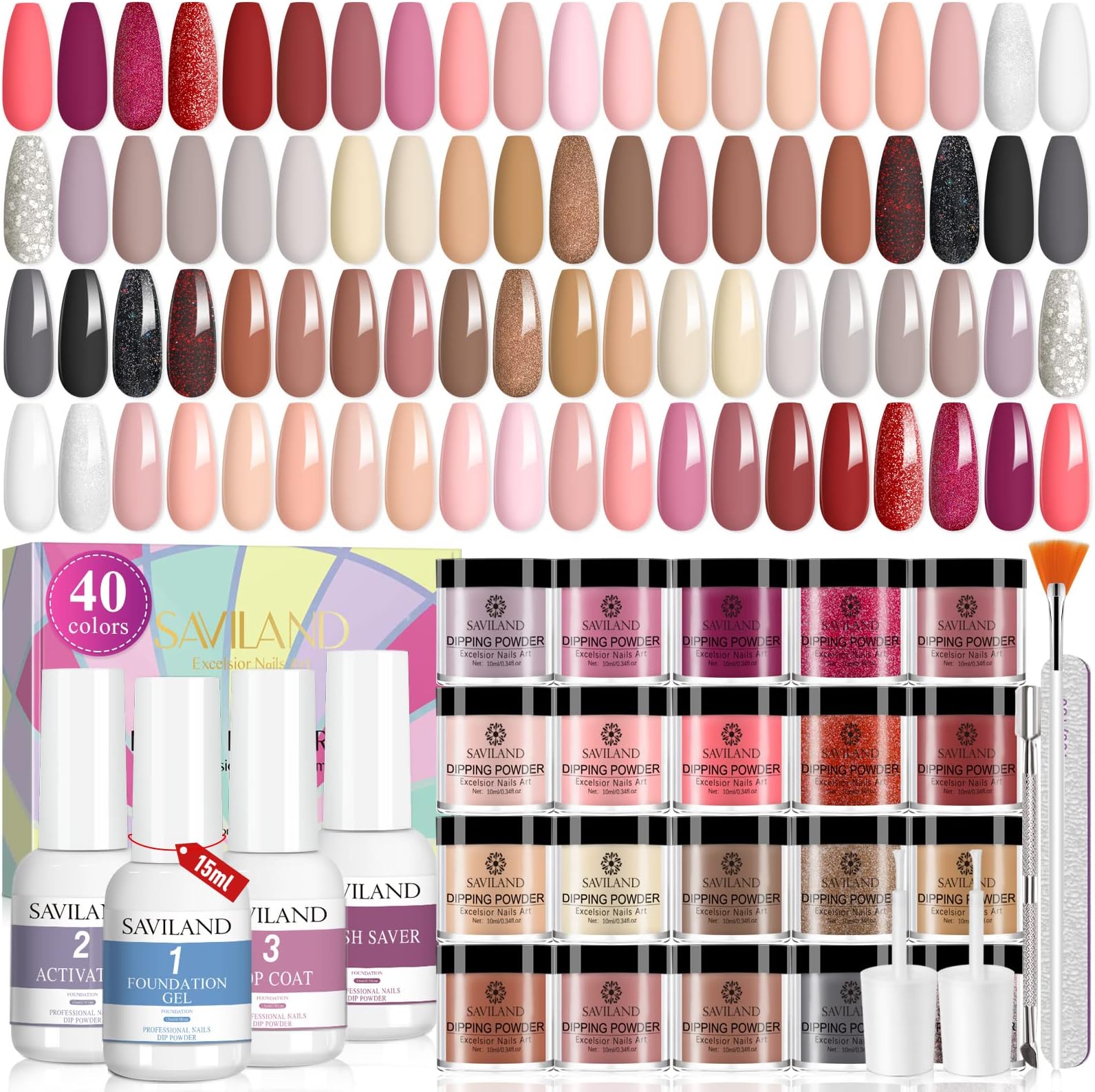 SAVILAND 49 PCS Dip Nails Powder Starter Kit - 40 Colors Hot Pink Red Gentle Nude Glitter Dip Powder Liquid Set with Base & Top Coat Activator Brush Saver Manicure Tool for French Nail Art Salon DIY