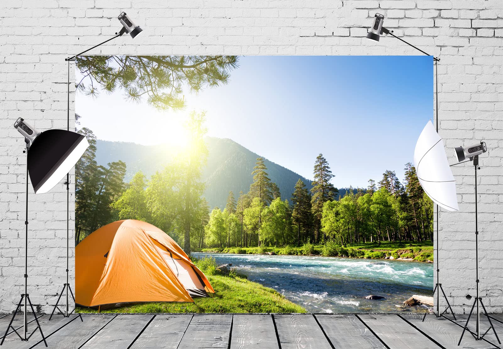 BELECO 3x2.5m Tela Montaña Bosque Camping Telón de Fondo Sol Viajes al Aire Libre Senderismo Montañas Pinos Río Paisaje Pastizales Campamento Tiendas Fondo Fiesta de Cumpleaños Decoración