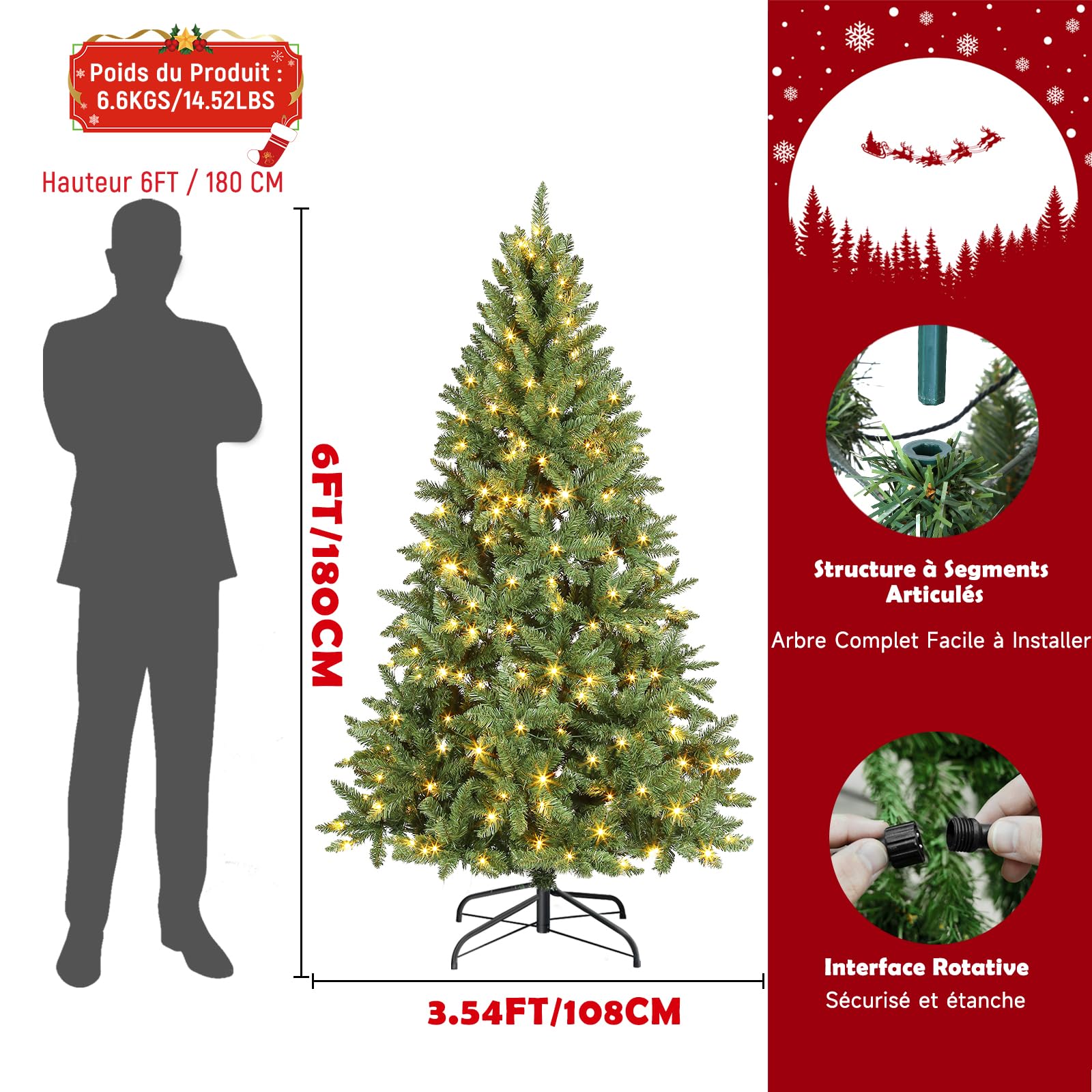 Rollingsurfer Sapin De Noël Artificiel Pré-Éclairé 180CM, Sapin Pin Premium À Charnières, 300 Lumières LED Multicolores, 1000 Pointes de Branches, 11 Modes d'Éclairage pour la Maison et Les Fêtes