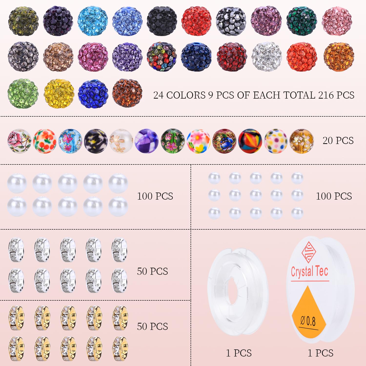AIPRIDY Jewelry Making Beads Set, 590 PCS 10mm Round Mixed Color Rhinestone Clay Beads with Pearl and Floral Beads for DIY Bracelets, Necklaces