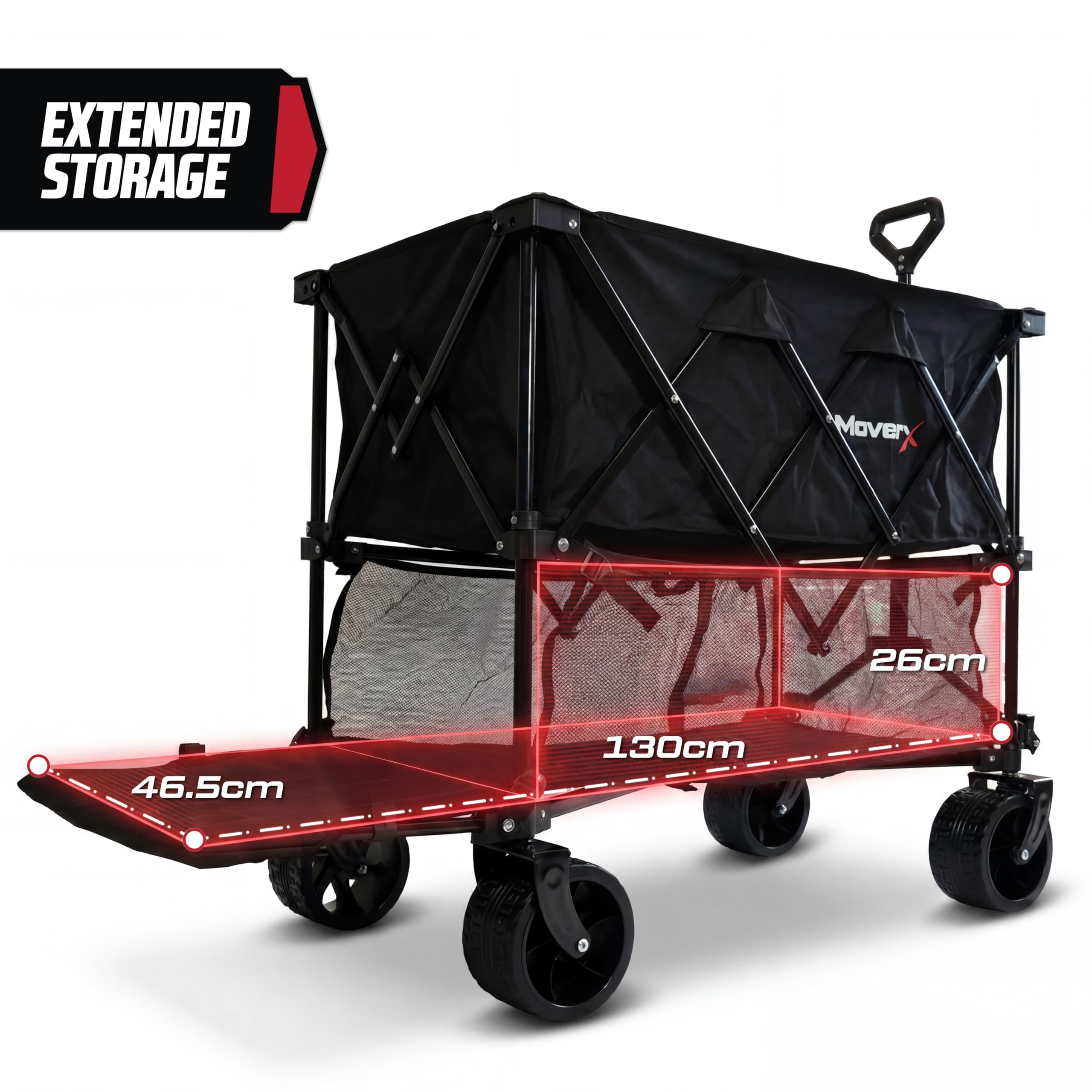 MoverX Carrello da 300 litri su ruote, a due piani, carrello da campeggio portatile, pieghevole per spiaggia, giardino, picnic, shopping, pesca, ruote larghe, manico regolabile, nero