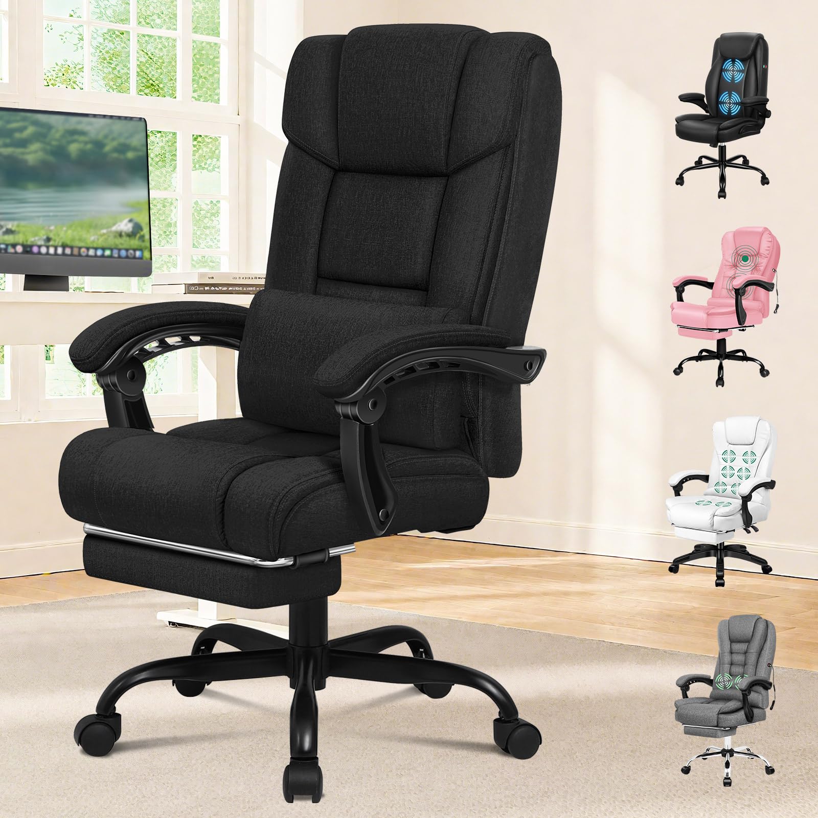 Office Chair with Lumbar Cushion, Ergonomic Gaming Chairs with Footrest, High Back Heavy-duty Chair, 150Β° Backrest Recliner, Adjustable Height, Swivel, Linen, Black