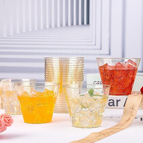 Miniatura 6 de I00000 200 vasos de plástico dorados, vasos desechables de 9 onzas con purpurina dorada dura para cóctel y bebida, vasos de plástico desechables de