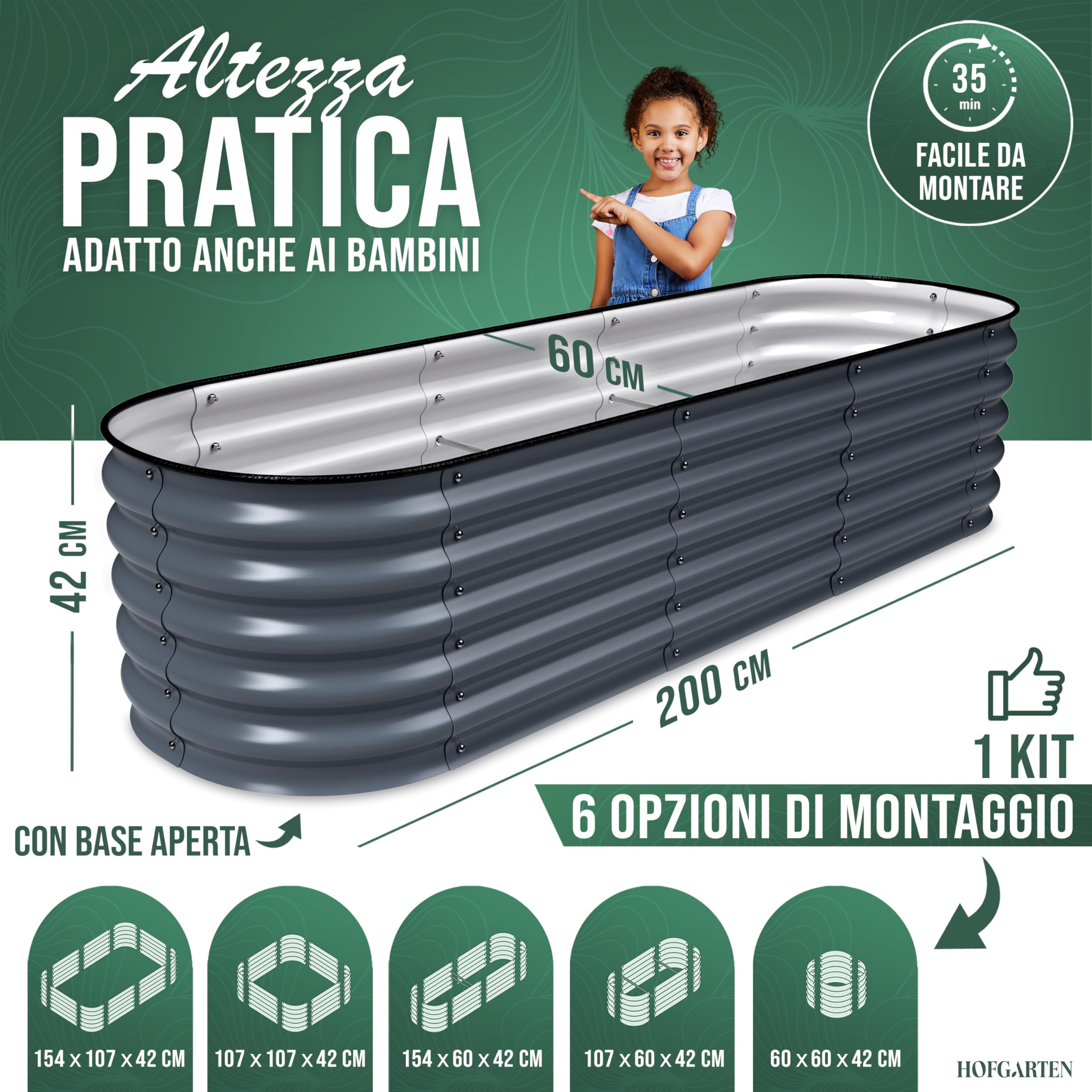 HOFGARTEN 200x60x42 cm Orto Rialzato da Esterno - Letto da Giardino 6-in-1 - Cassone per Aiuola in Acciaio Zincato con Fondo Aperto - Inossidabile & Durevole - Kit Fioriera per Terrazzo (Antracite)
