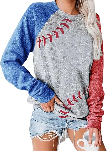 Baseball Shirt for Womens Crewneck Raglan Patchwork Pullover Long Sleeve Baseball Mom Tee Shirts