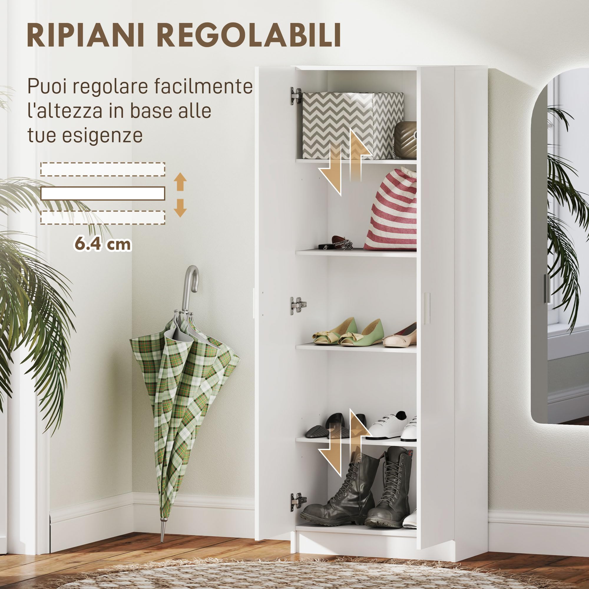 HOMCOM Armadio Multiuso con Ante Battenti, 5 Ripiani e 3 Livelli Regolabili, Mobiletto Multiuso Credenza in Legno Truciolato per Cucina, Scarpe, Ingresso, Camera da Letto Bagno, 60x31.5x165 cm, Bianco