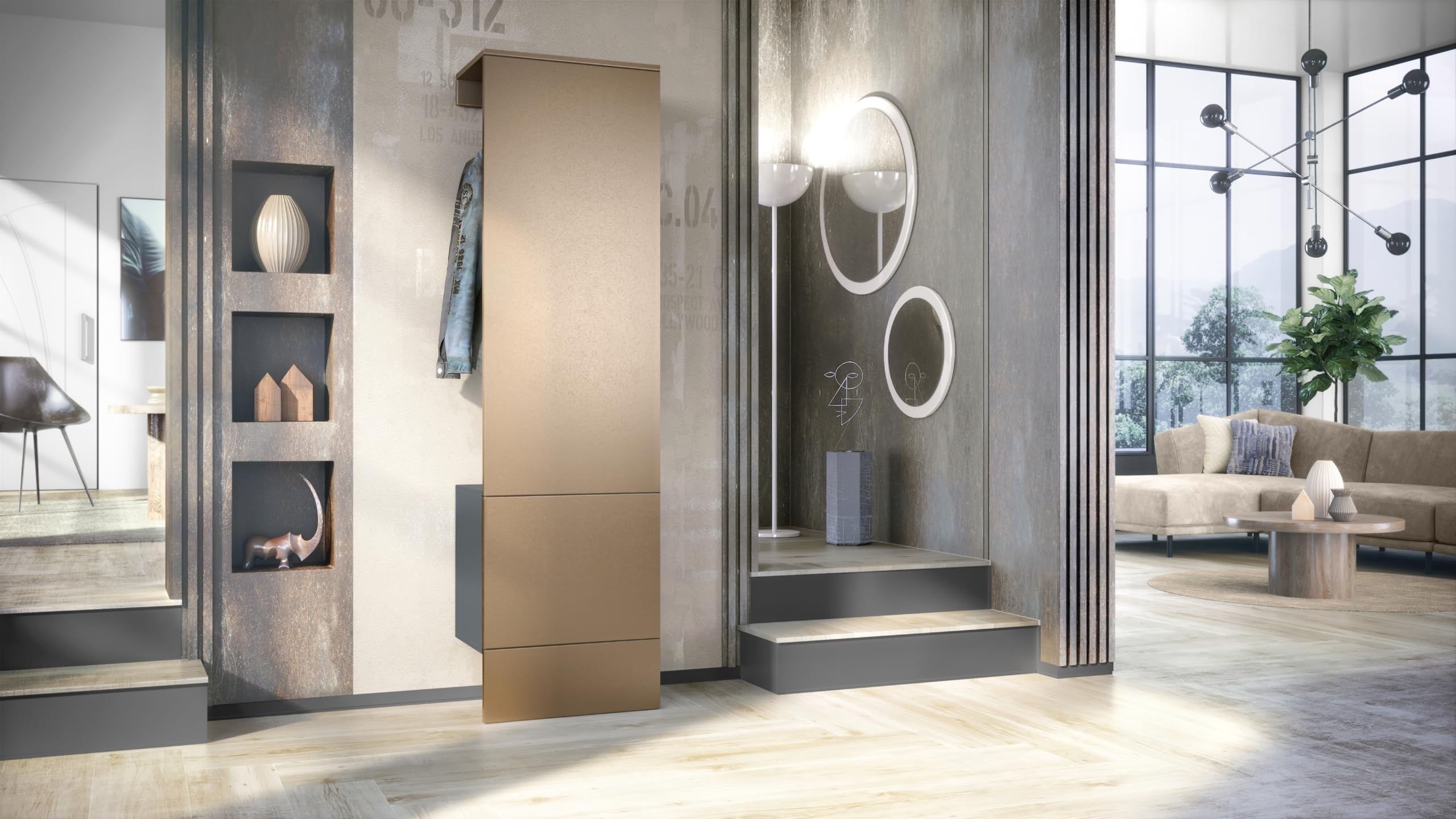 Vladon Carlton Hallway Set 5, Set di contenitori per corridoi con 1 Pannello Appendiabiti con Anta incorporata e 1 Asta Appendiabiti, Antracite Opaco/Ottica Bronzo (52 x 193 x 35 cm)