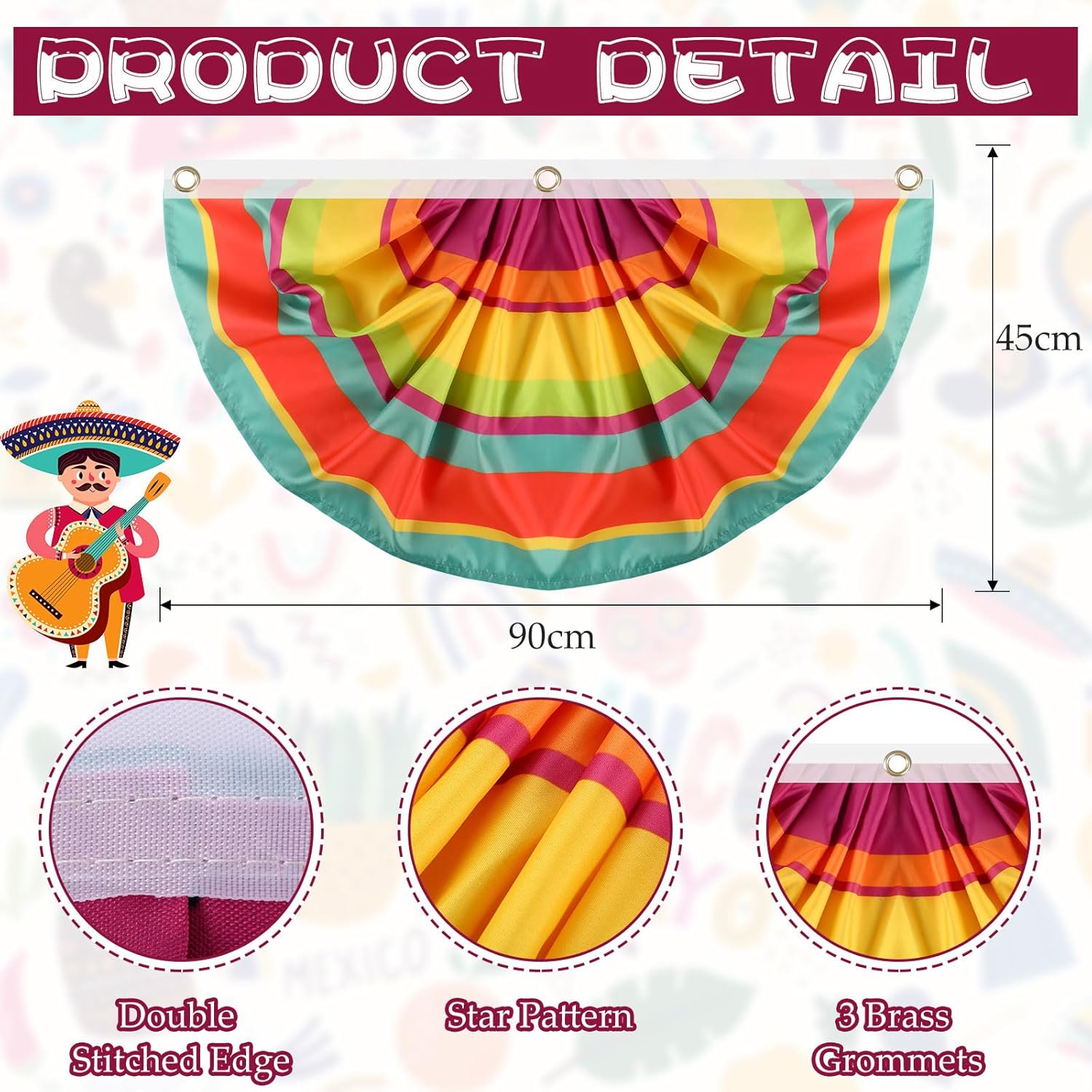 Zhehao 4 Pcs Mexican Party Banner Decorations Semicircle Fiesta Bunting Flag Pleated Cinco De Mayo Fan Porch Flag for Mexican Festivals, Carnivals, Wedding, Birthday, Luau Taco Party Favors (Striped)