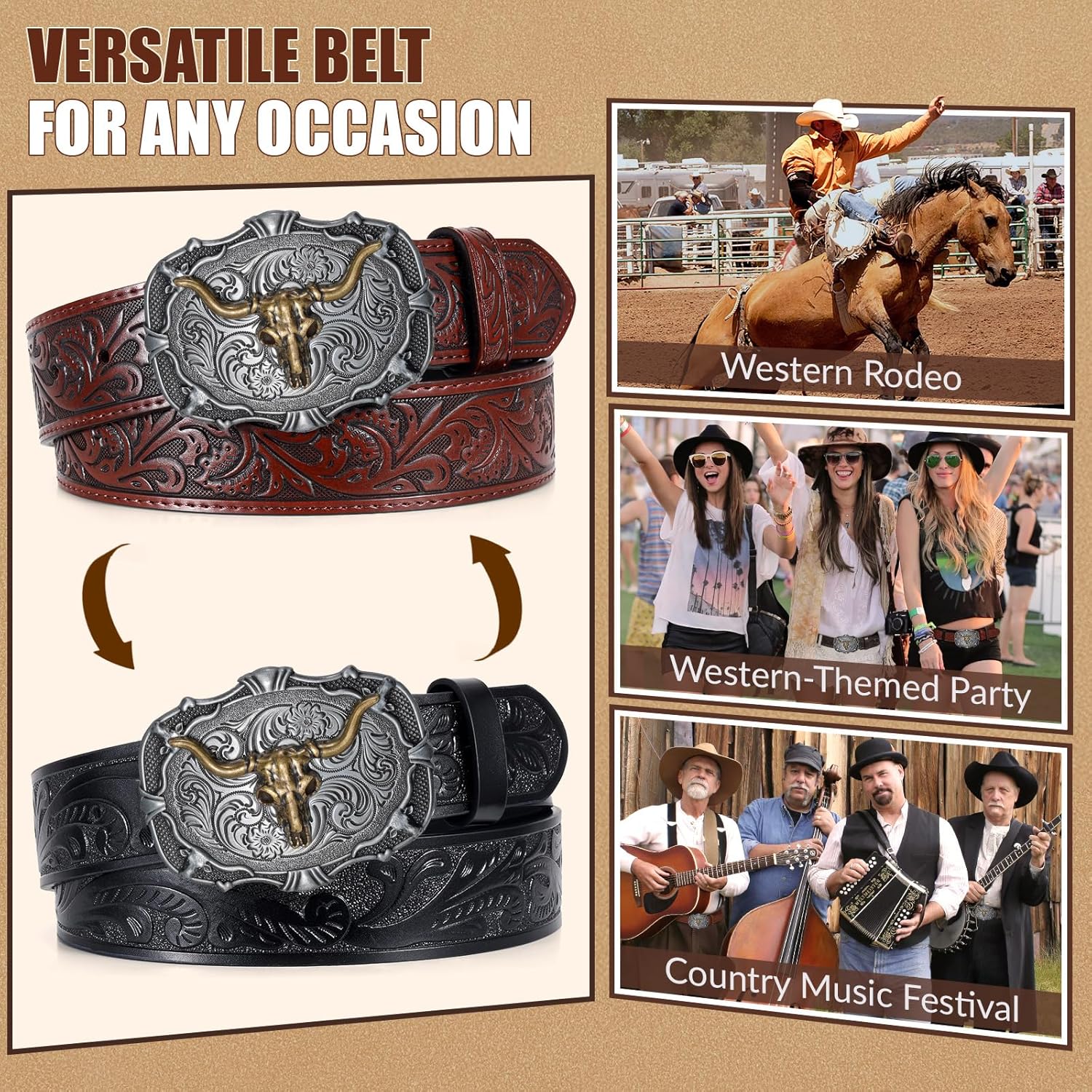 BELTROAD Cowboy Belts for Men Women Western Leather Buckle Belt Set Cowgirl Country Belt for Jeans Retro Christmas Gift Belt - Image 4