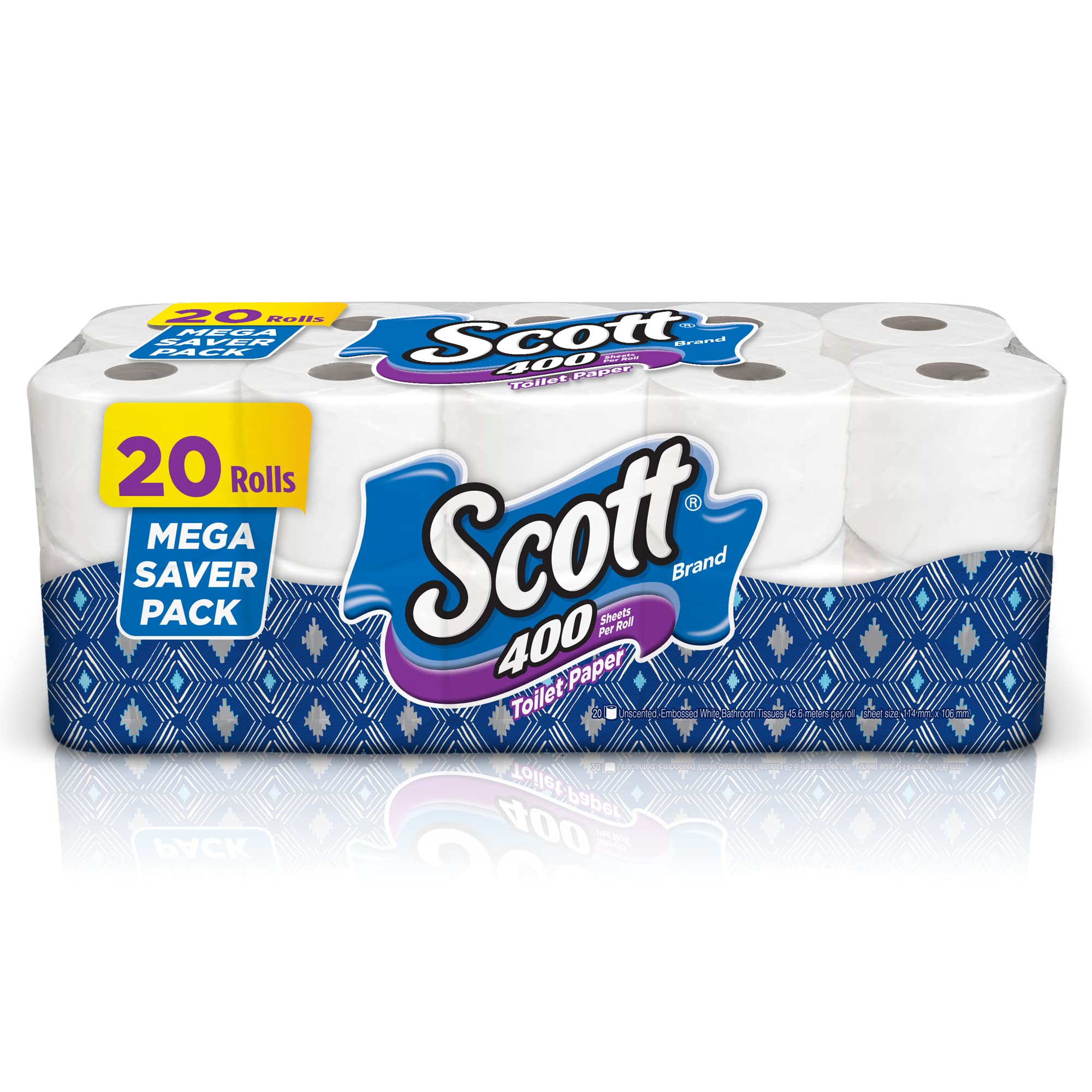 Scott Toilet Tissue Paper, 2 PLY Embossed, 400 Sheets x 20 Toilet Rolls