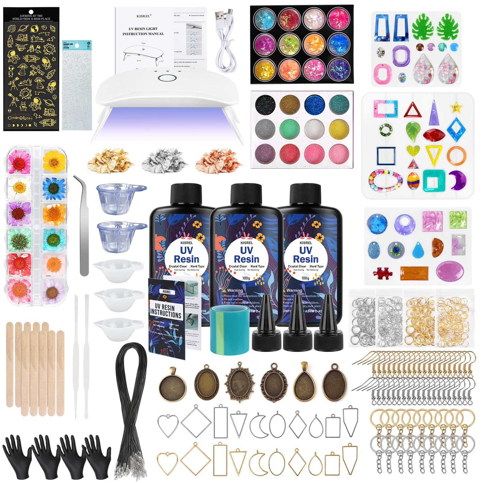KISREL UV Resin Jewelry Making Kit, 300g Crystal Clear Resin with Light and Molds, DIY Jewelry Making Kit, Resina Starter Kits for Keychain and Earring